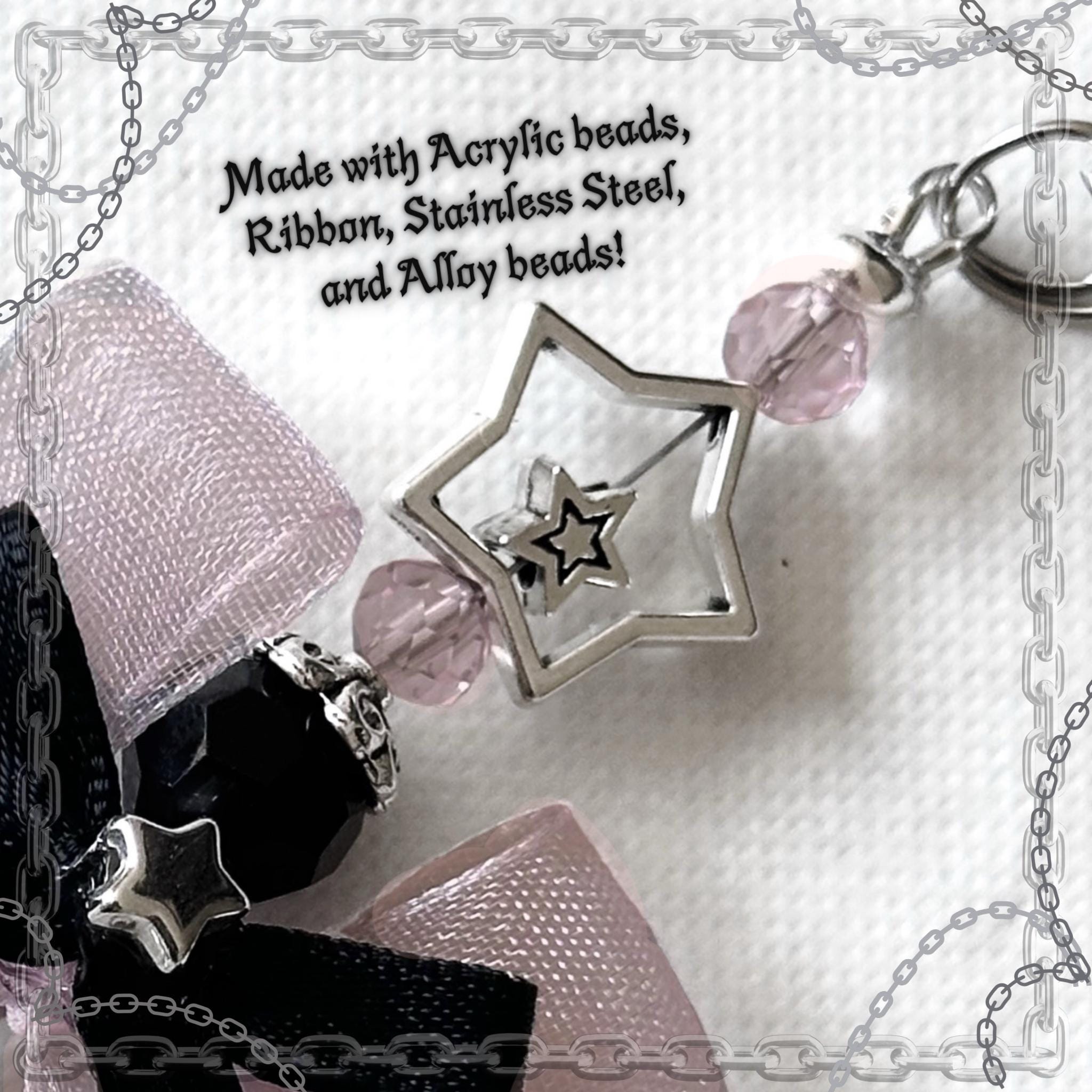 Gothic Star Phone Charm, Pastel Pink Bow, Y2K Alt Accessory