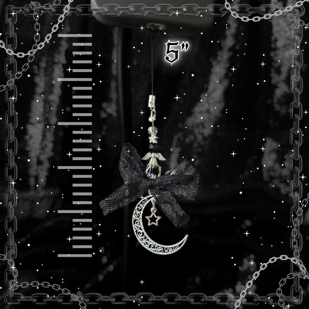 Gothic Moon Star Phone Charm, Black Lace Bow, Y2K Grunge Accessory