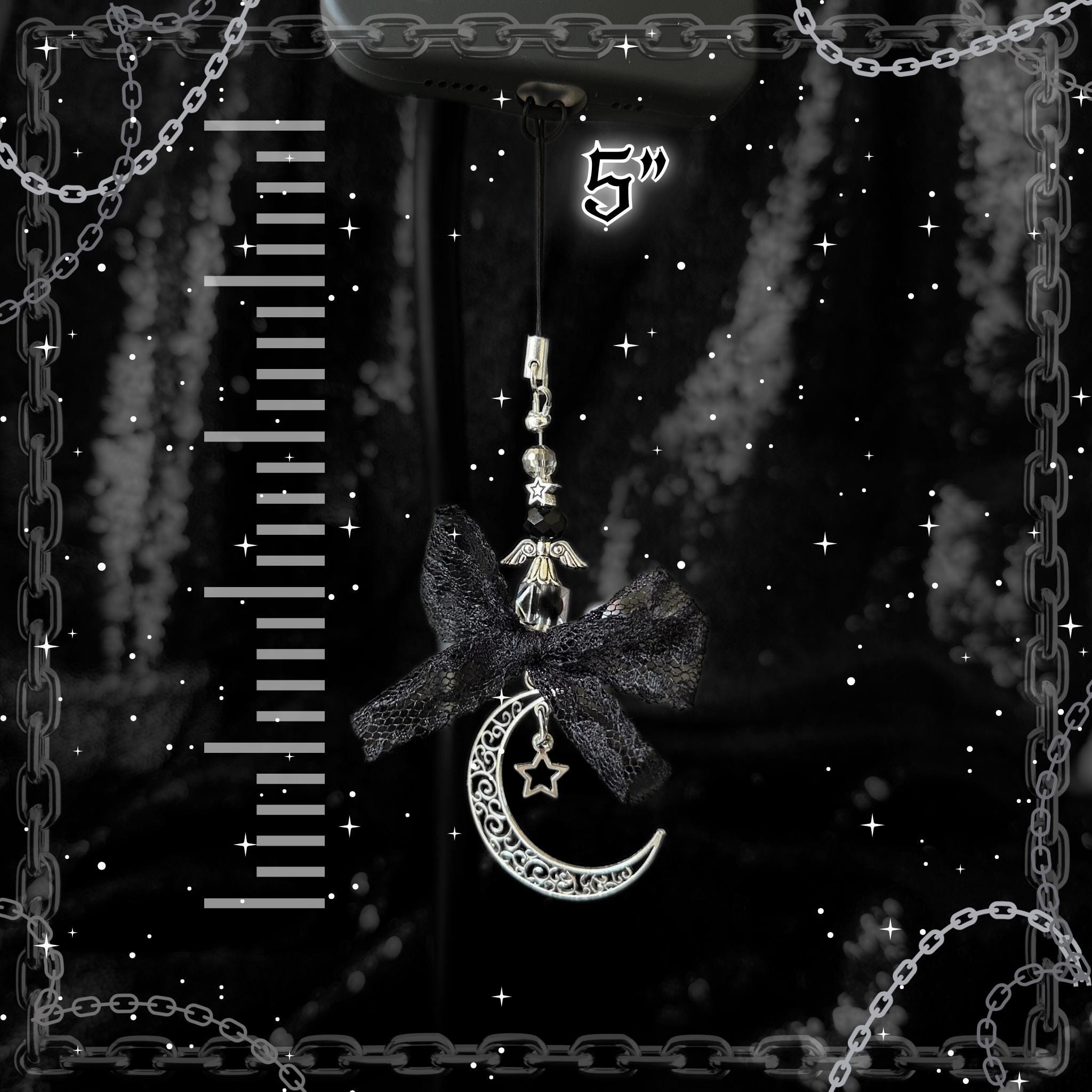 Gothic Moon Star Phone Charm, Black Lace Bow, Y2K Grunge Accessory