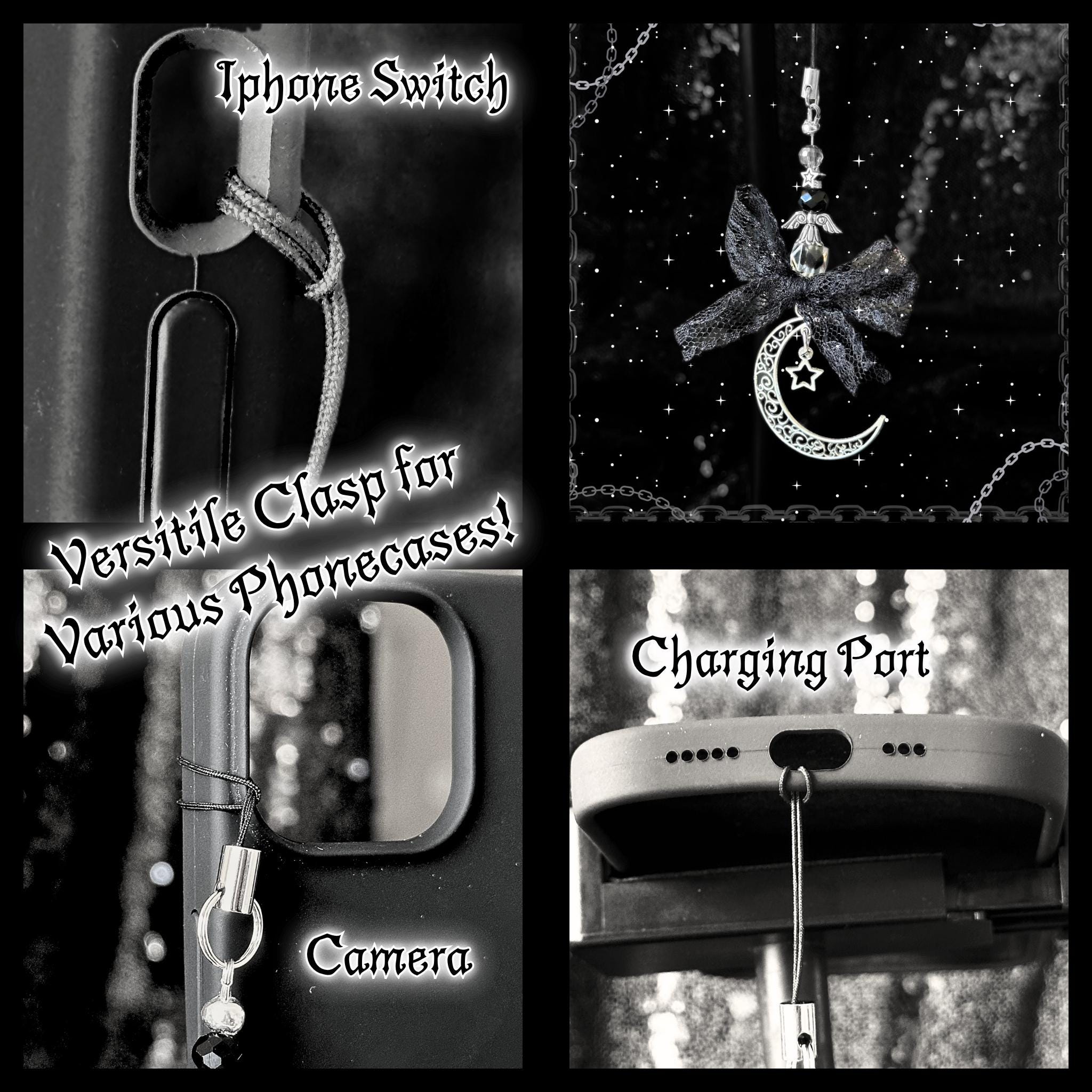 Gothic Moon Star Phone Charm, Black Lace Bow, Y2K Grunge Accessory