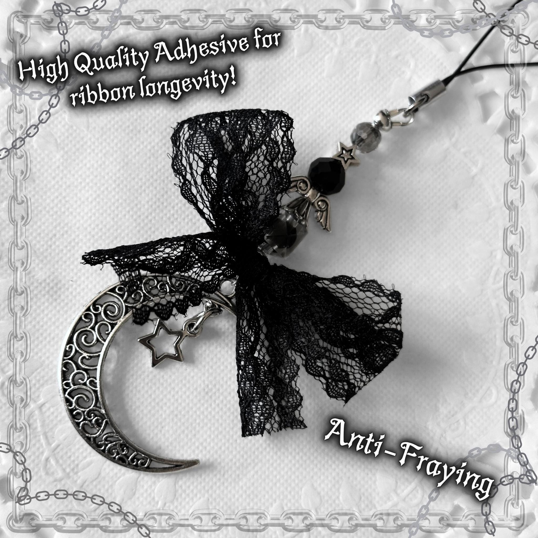 Gothic Moon Star Phone Charm, Black Lace Bow, Y2K Grunge Accessory