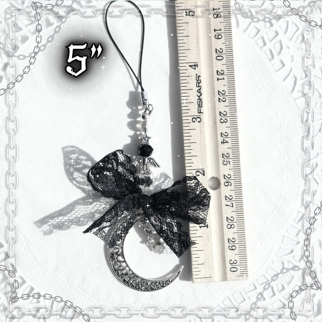 Gothic Moon Star Phone Charm, Black Lace Bow, Y2K Grunge Accessory