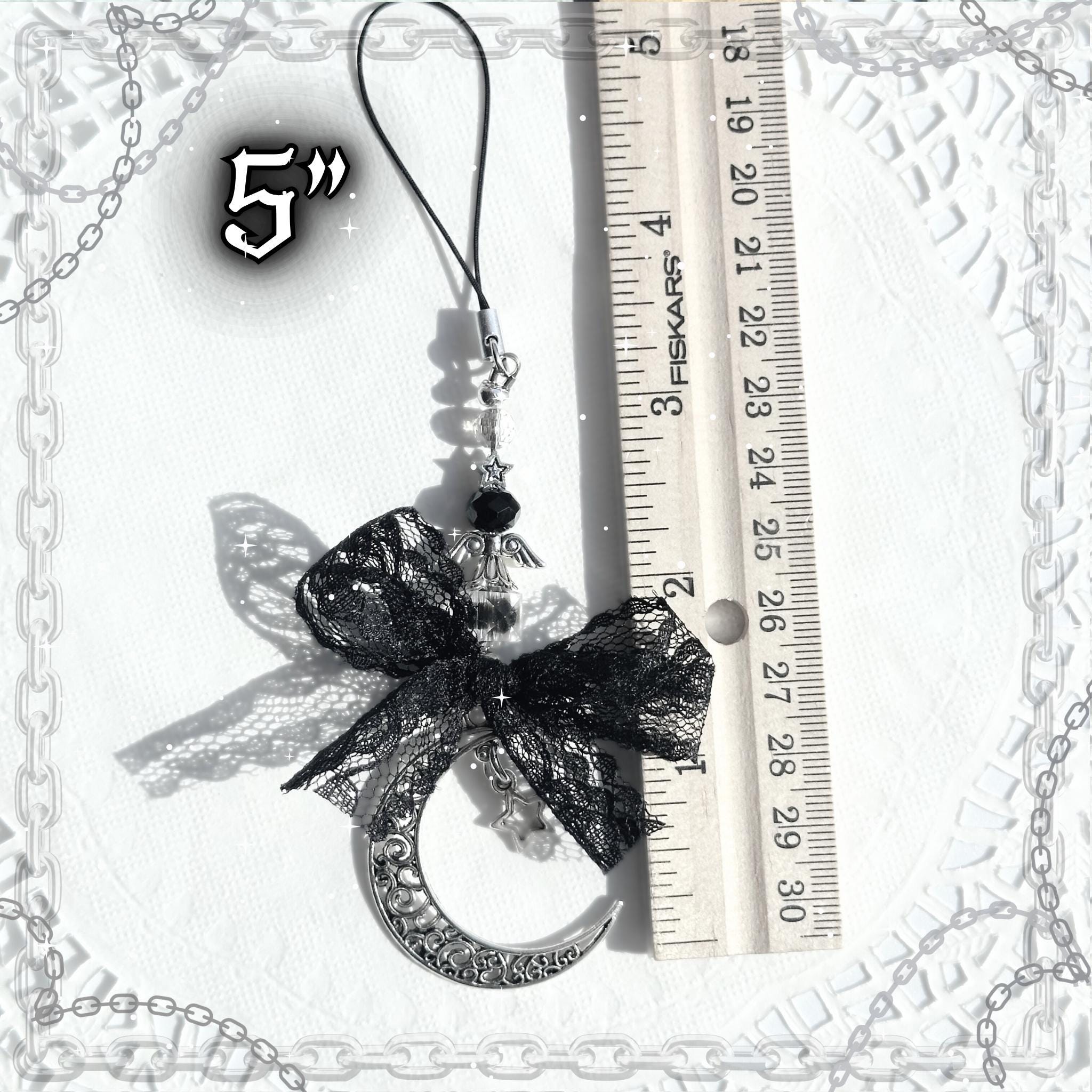 Gothic Moon Star Phone Charm, Black Lace Bow, Y2K Grunge Accessory