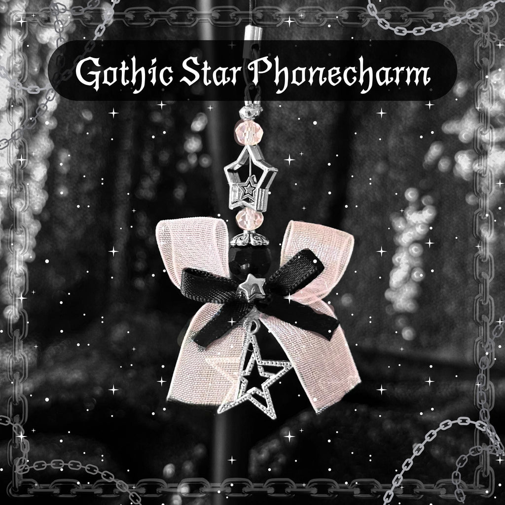 Gothic Star Phone Charm, Pastel Pink Bow, Y2K Alt Accessory