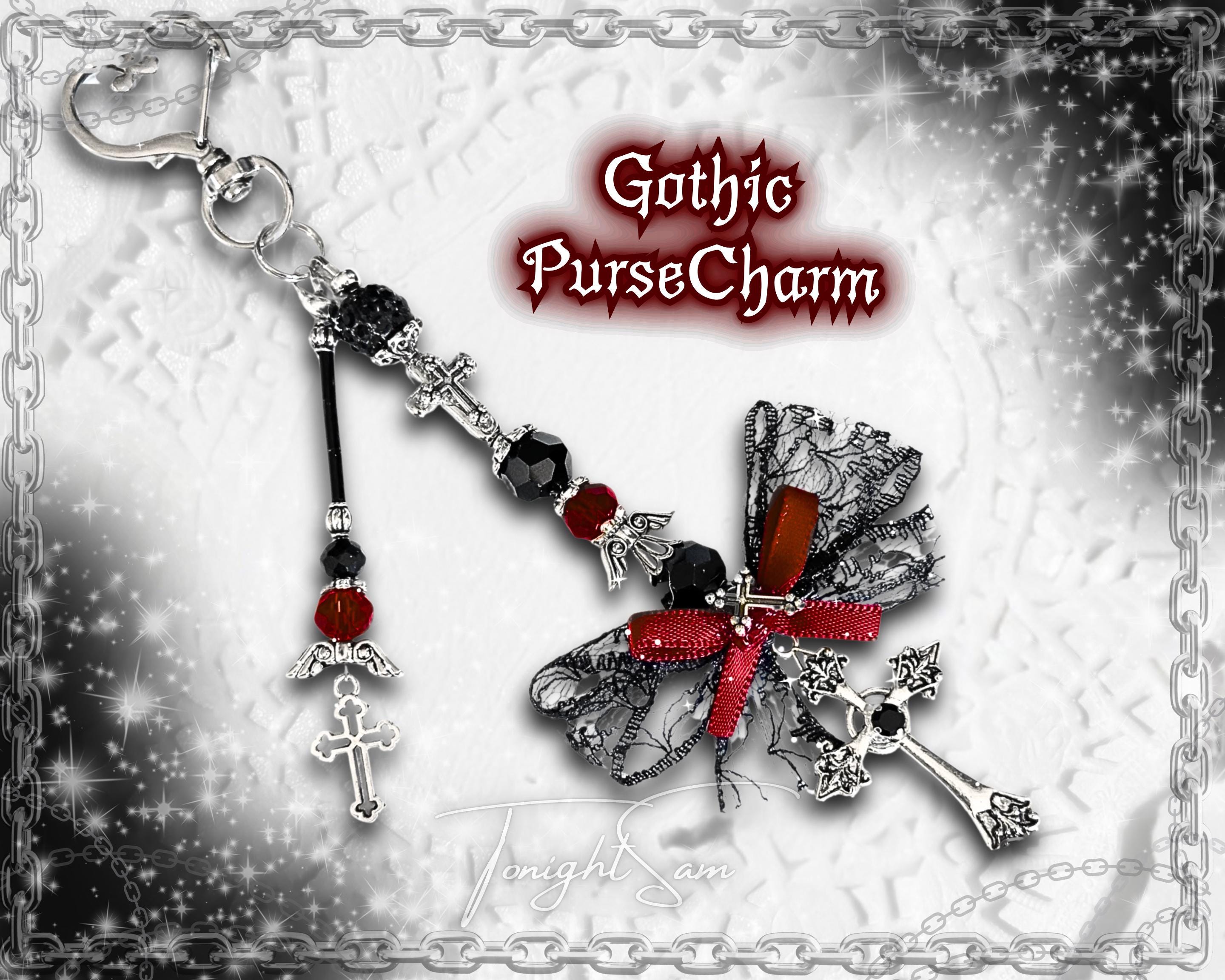 Gothic Cross Purse Charm – Red & Black Beaded Lace Bow, Alt Fashion