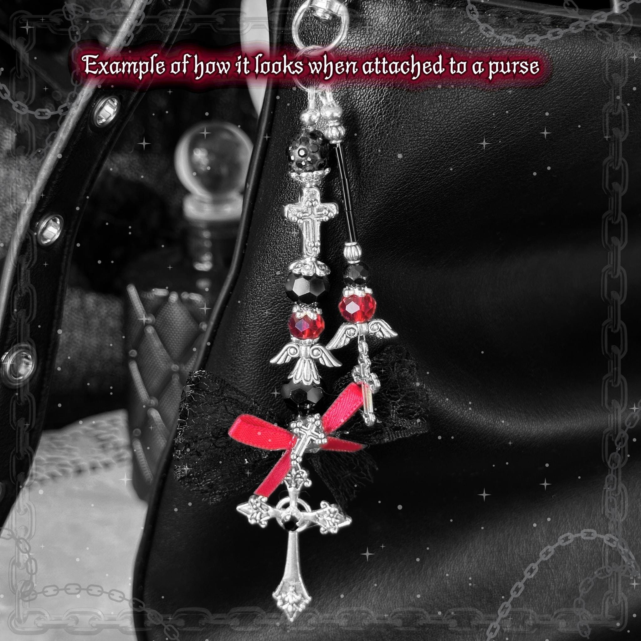 Gothic Cross Purse Charm – Red & Black Beaded Lace Bow, Alt Fashion