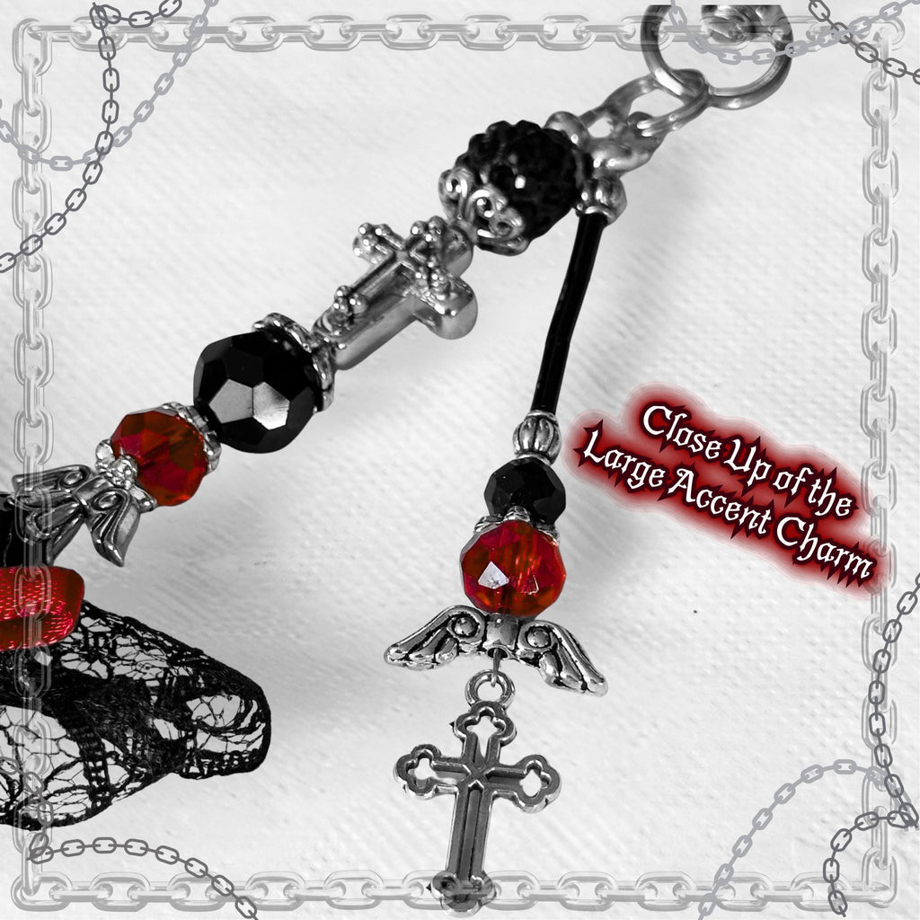 Gothic Cross Purse Charm – Red & Black Beaded Lace Bow, Alt Fashion