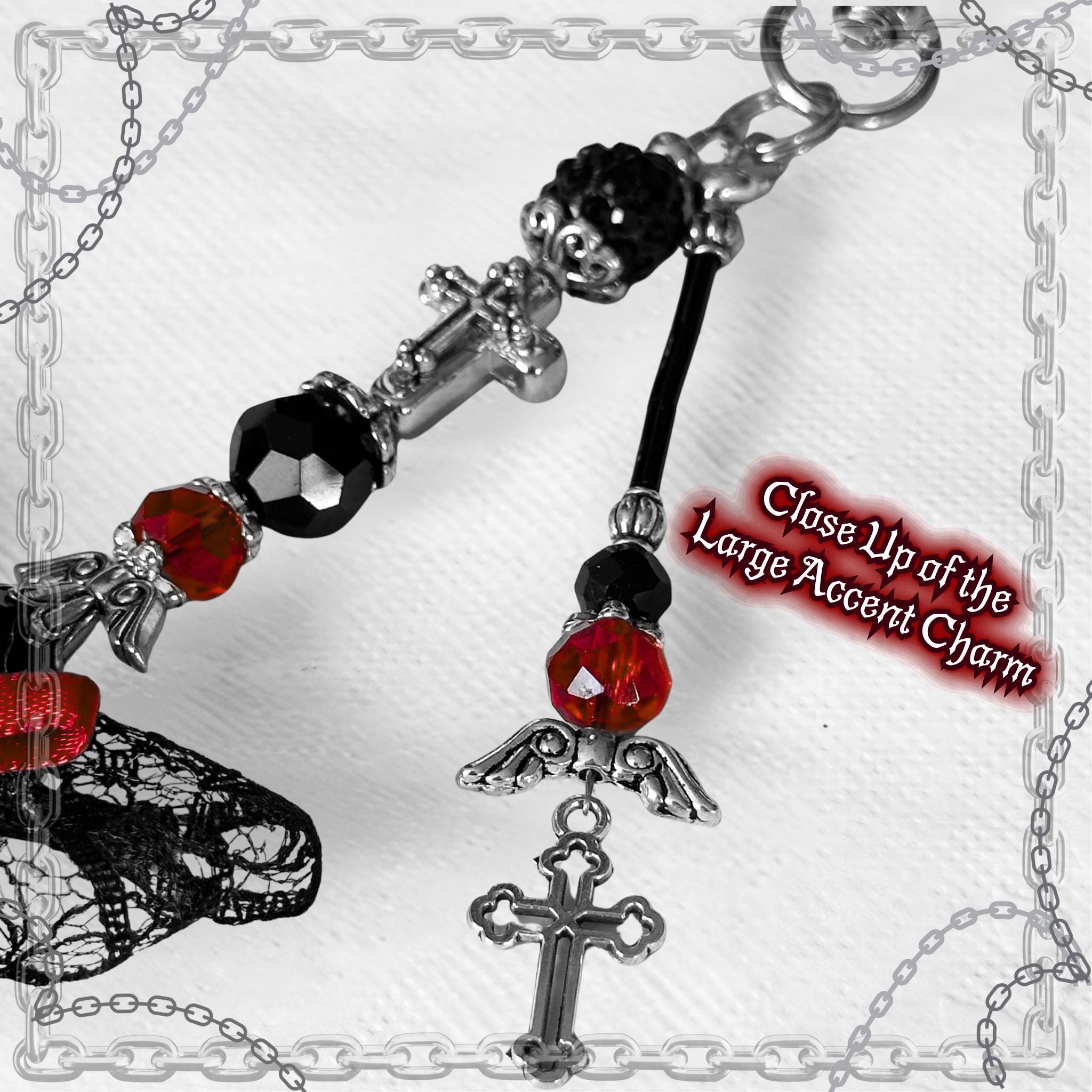 Gothic Cross Purse Charm – Red & Black Beaded Lace Bow, Alt Fashion