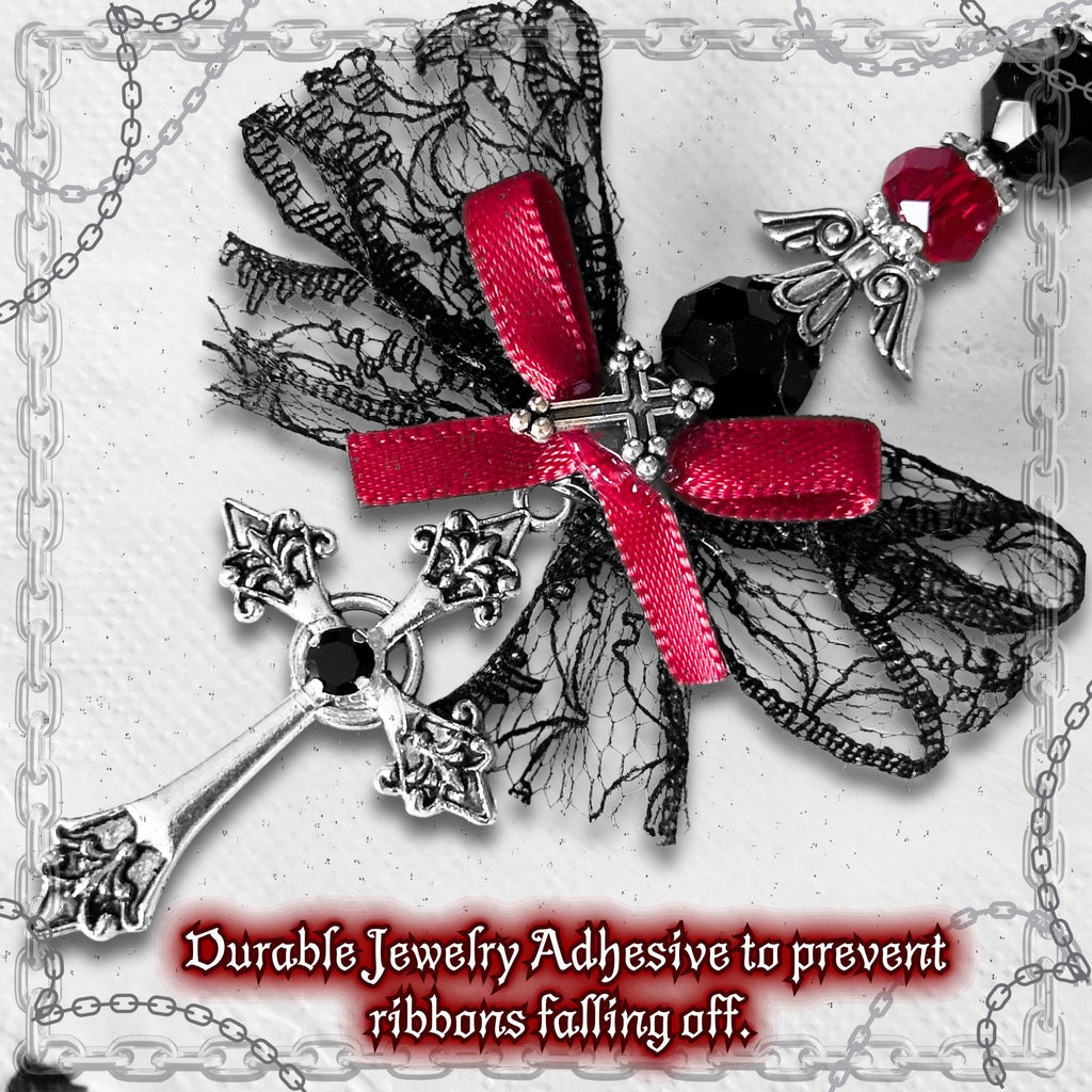 Gothic Cross Purse Charm – Red & Black Beaded Lace Bow, Alt Fashion