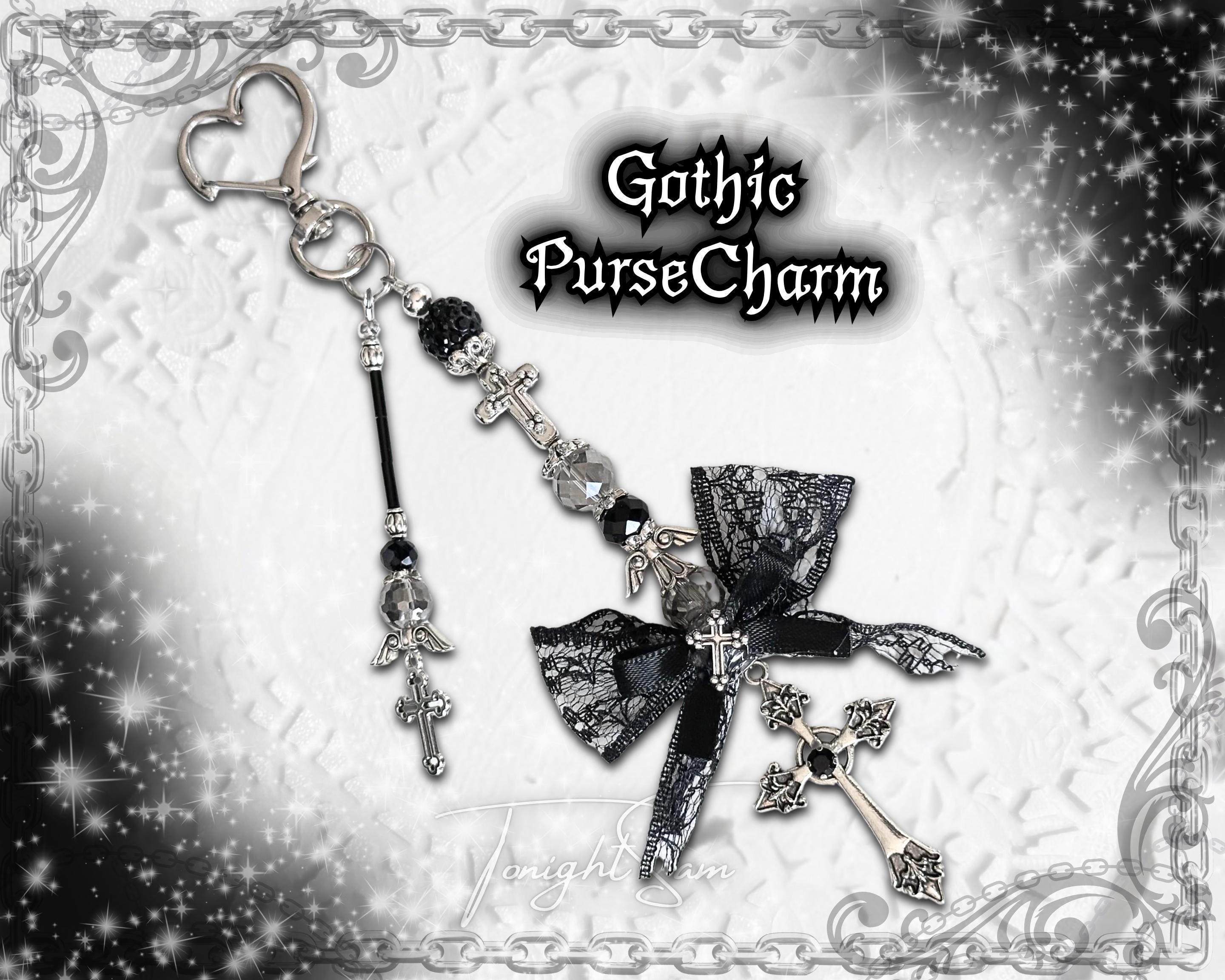 Gothic Cross Purse Charm – Black Lace Bow, Alt Bag Accessory