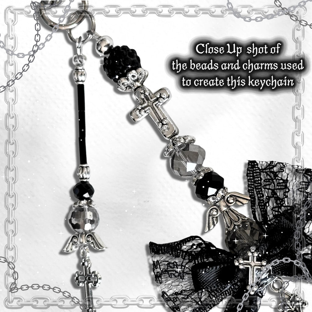 Gothic Cross Purse Charm – Black Lace Bow, Alt Bag Accessory