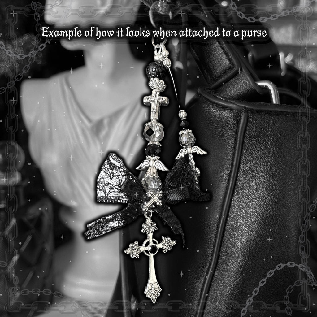 Gothic Cross Purse Charm – Black Lace Bow, Alt Bag Accessory