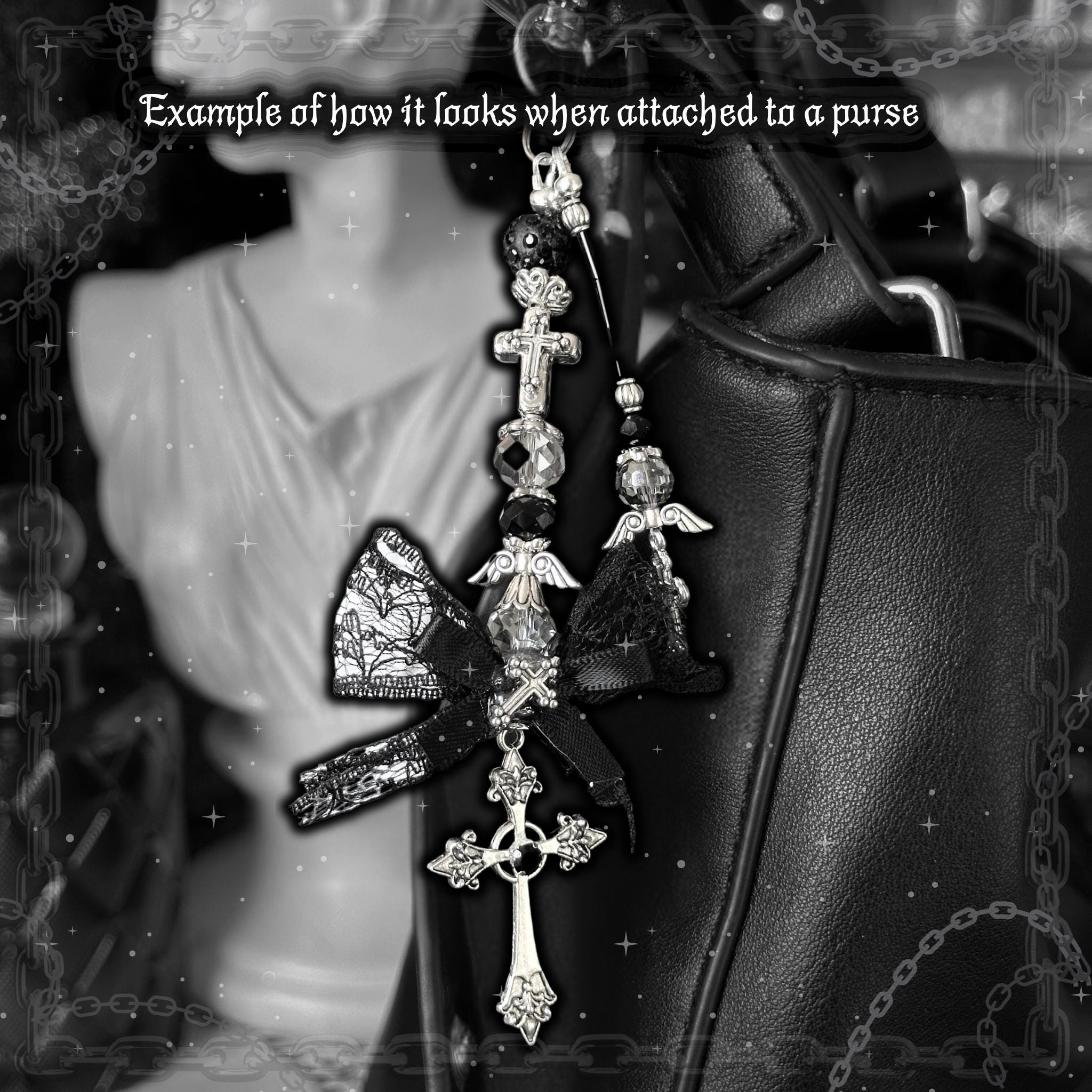 Gothic Cross Purse Charm – Black Lace Bow, Alt Bag Accessory