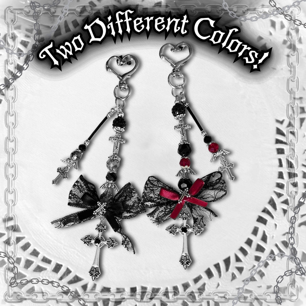 Gothic Cross Purse Charm – Black Lace Bow, Alt Bag Accessory