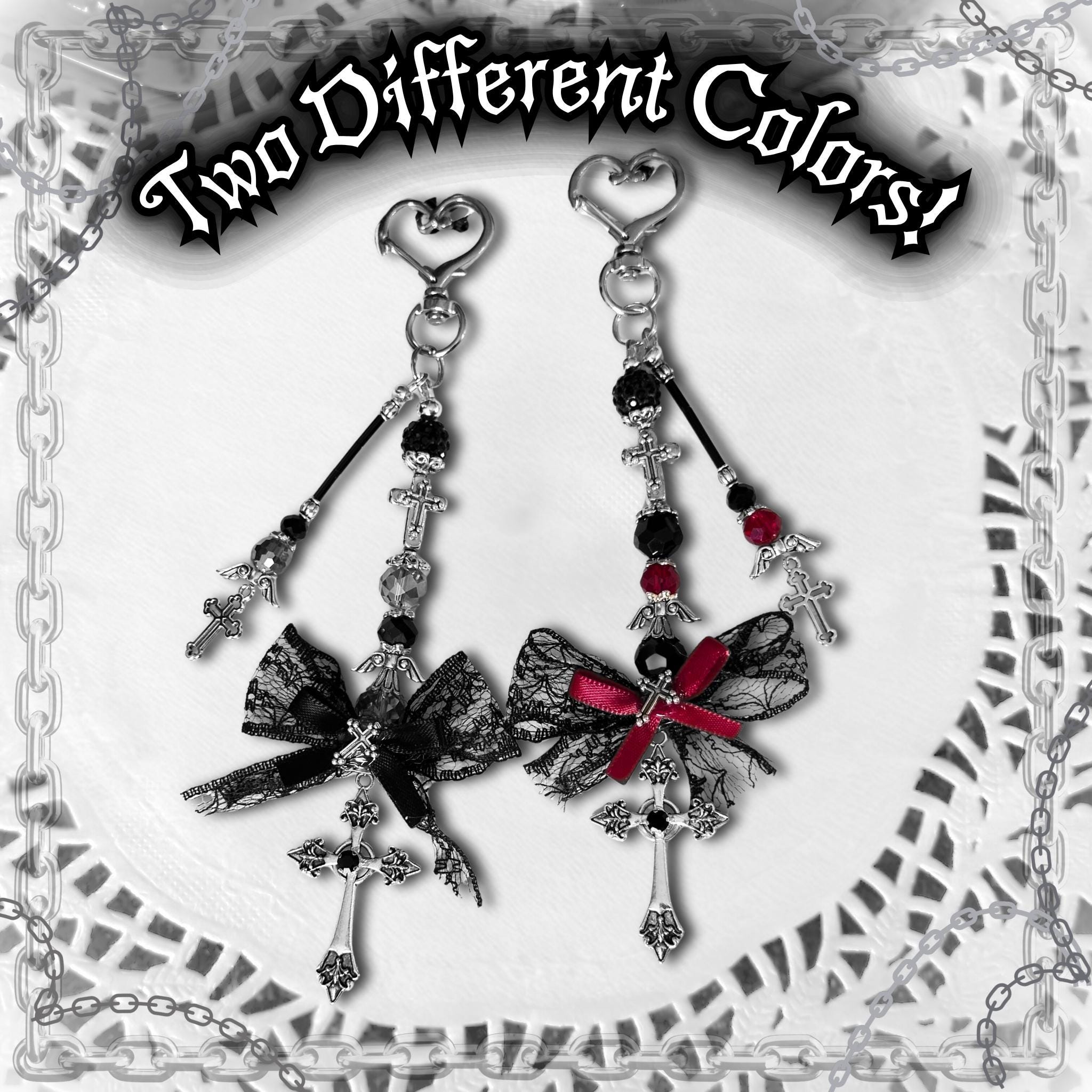 Gothic Cross Purse Charm – Black Lace Bow, Alt Bag Accessory
