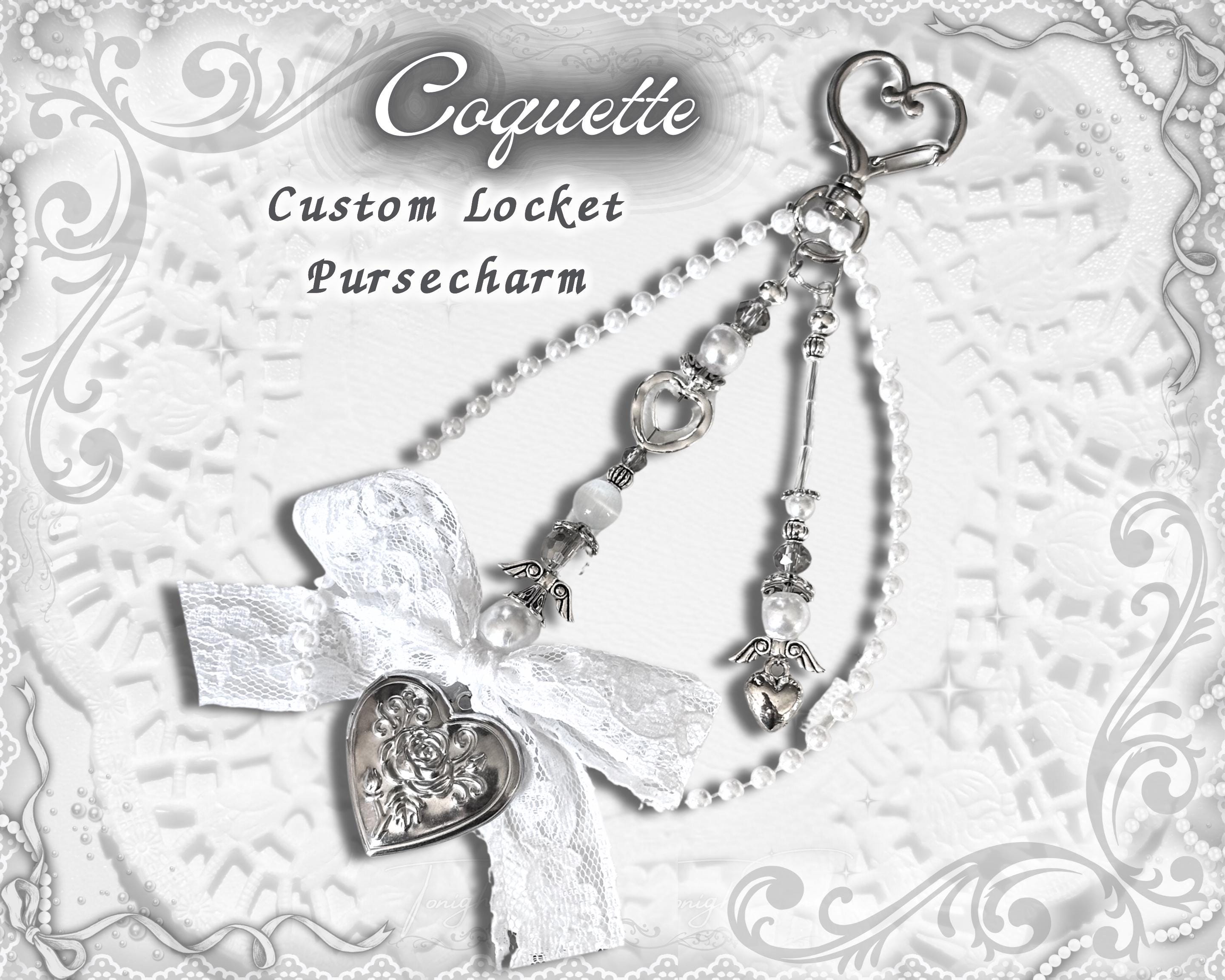 Coquette Locket Purse Charm – Pearl, Lace, and Angel Wing Bag Accessory