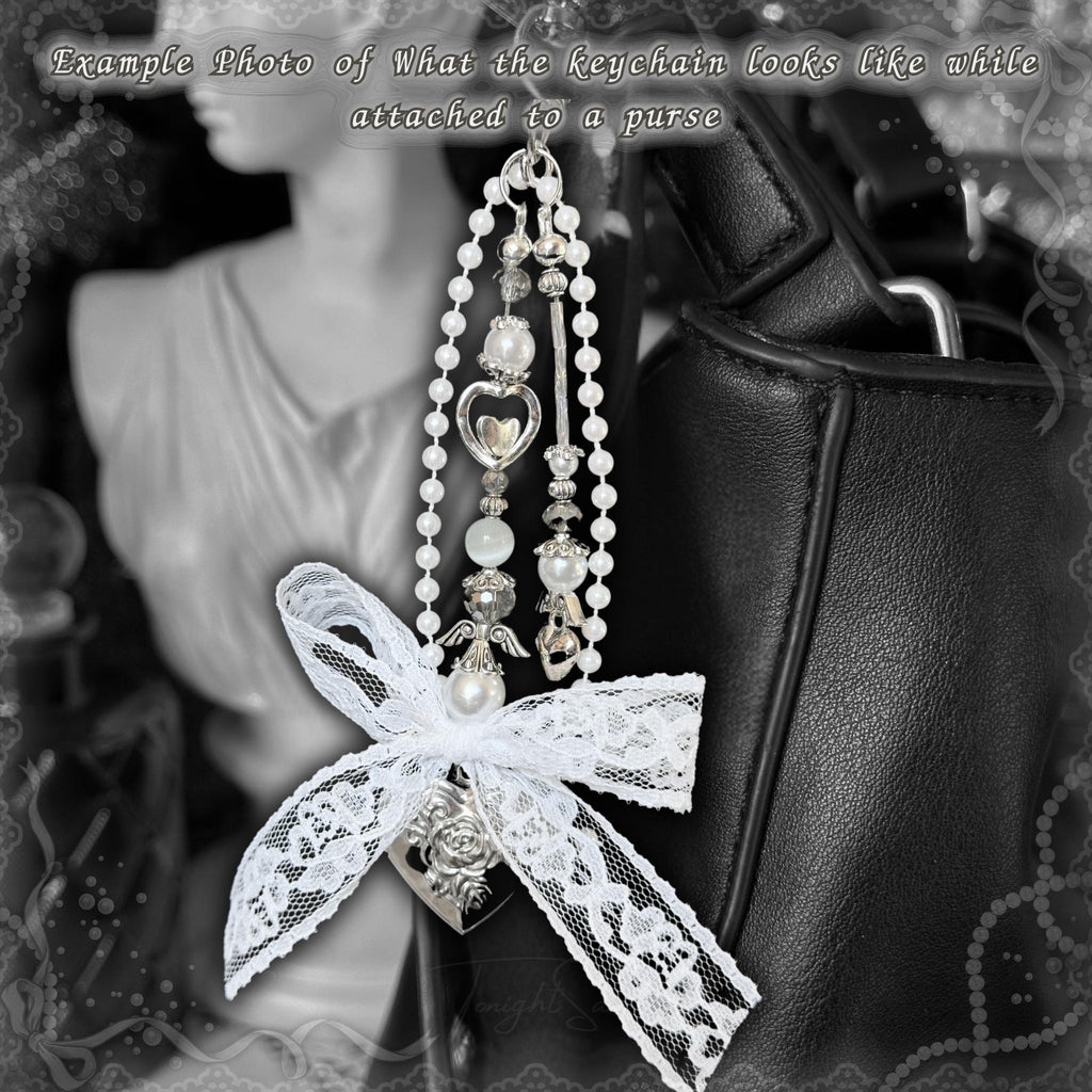 Coquette Locket Purse Charm – Pearl, Lace, and Angel Wing Bag Accessory