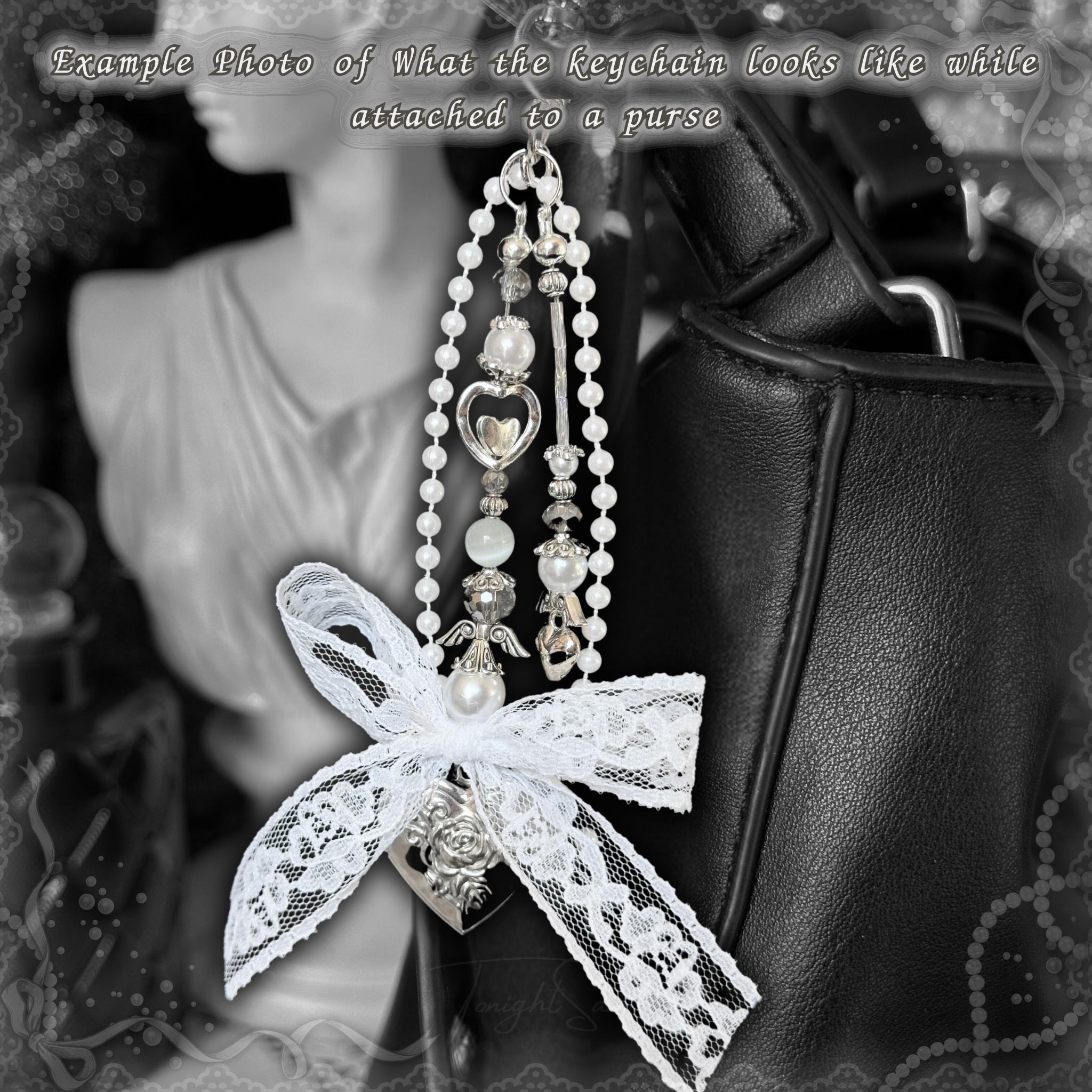 Coquette Locket Purse Charm – Pearl, Lace, and Angel Wing Bag Accessory