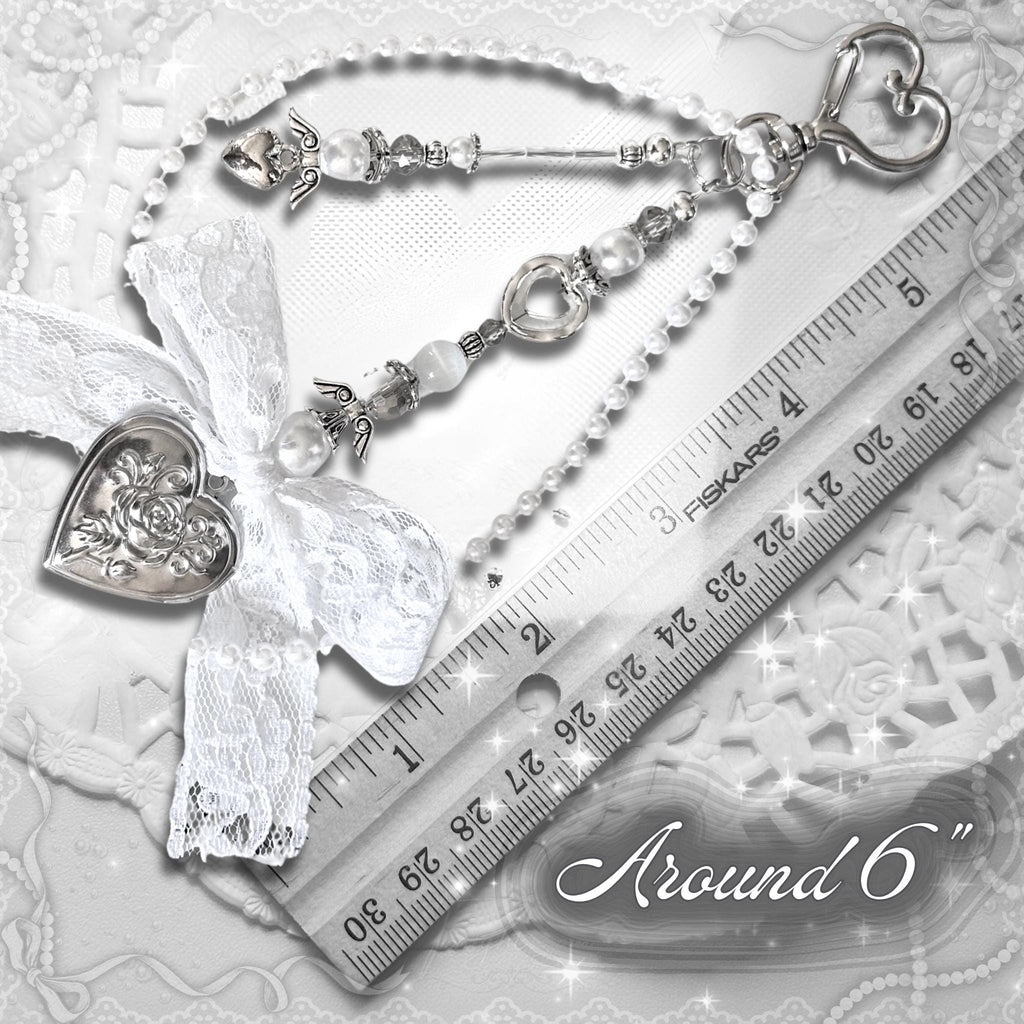Coquette Locket Purse Charm – Pearl, Lace, and Angel Wing Bag Accessory
