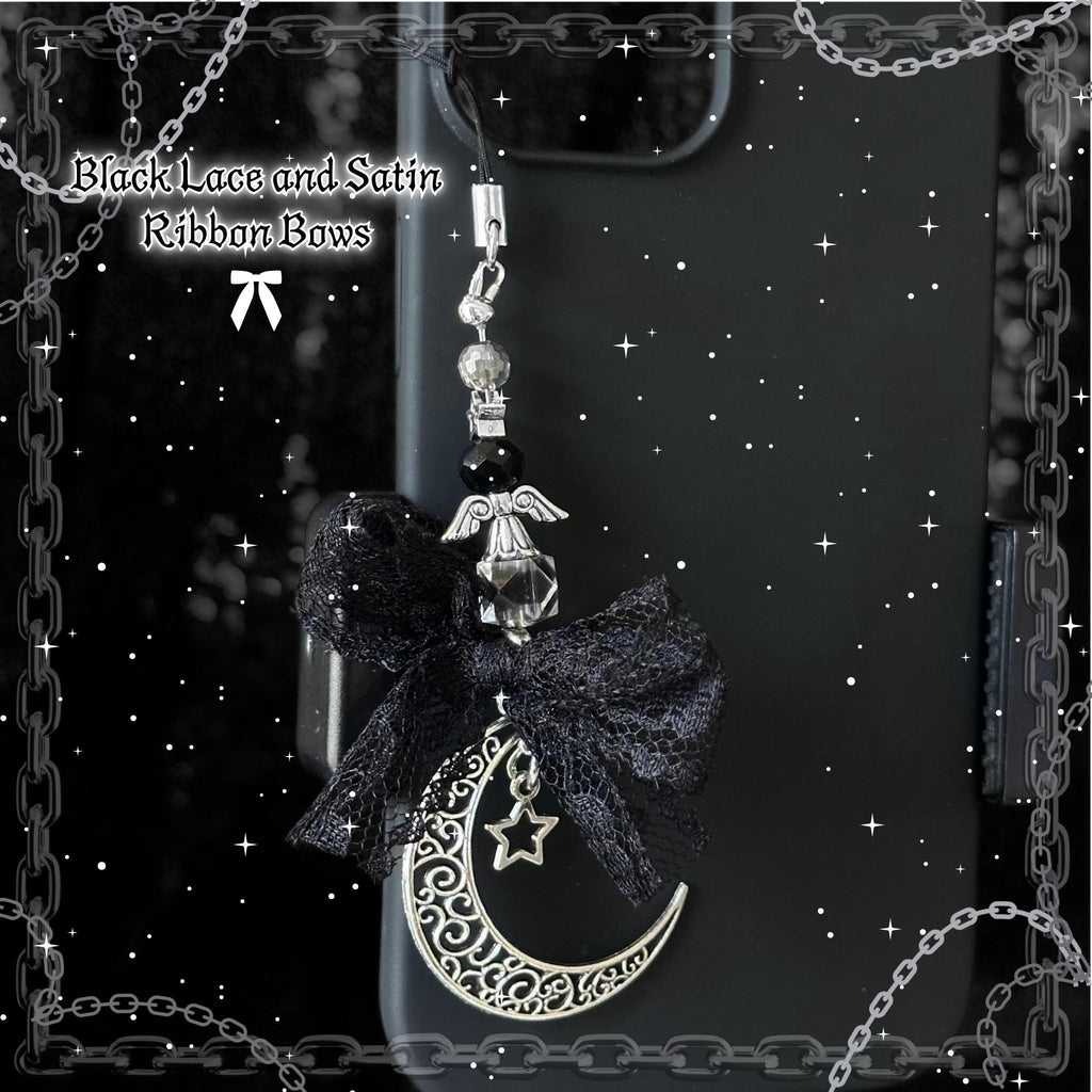 Gothic Moon Star Phone Charm, Black Lace Bow, Y2K Grunge Accessory