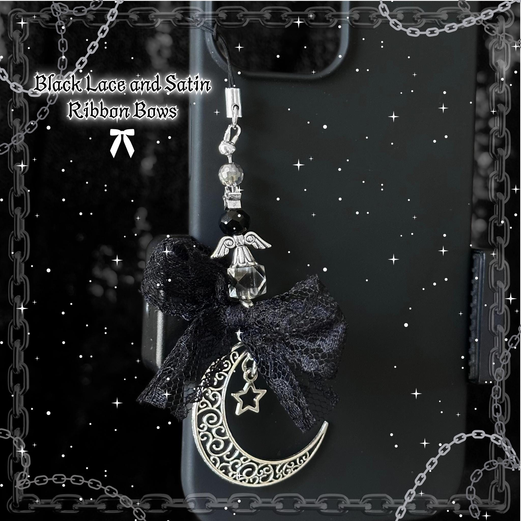 Gothic Moon Star Phone Charm, Black Lace Bow, Y2K Grunge Accessory