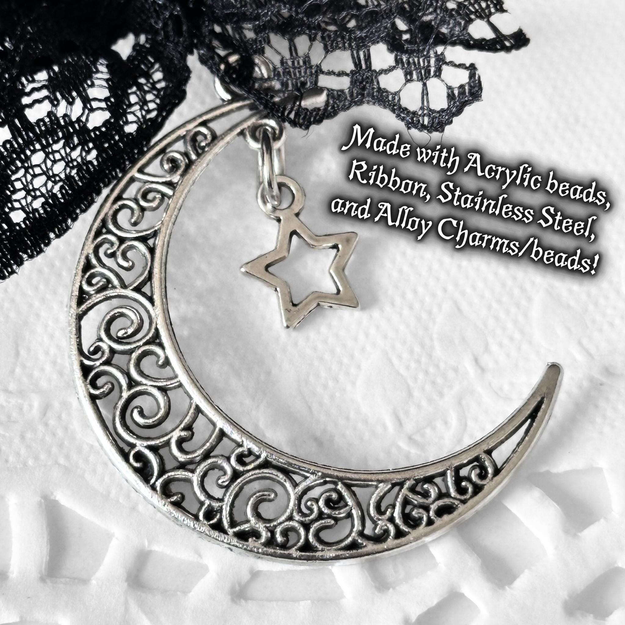 Gothic Moon Star Phone Charm, Black Lace Bow, Y2K Grunge Accessory