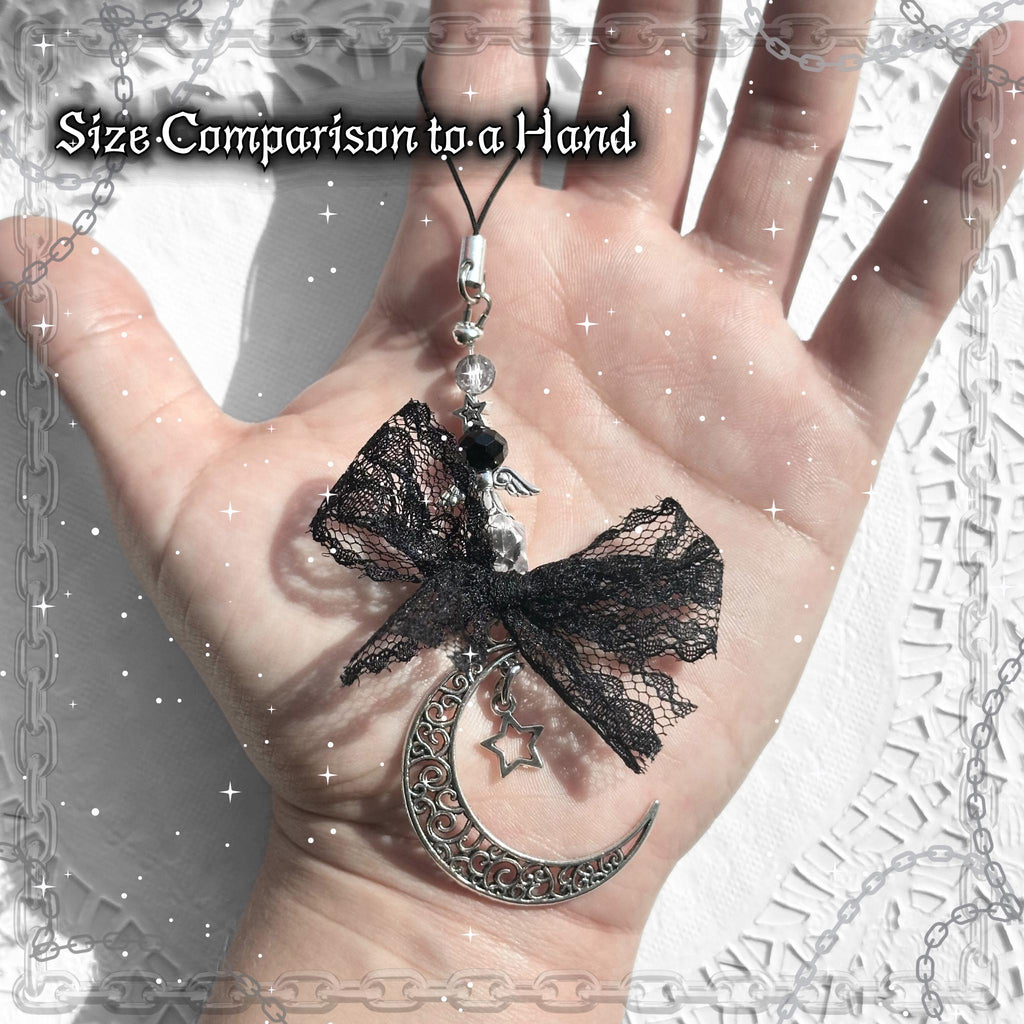 Gothic Moon Star Phone Charm, Black Lace Bow, Y2K Grunge Accessory