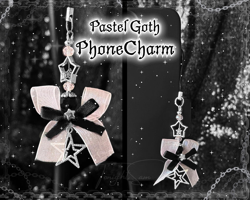 Gothic Star Phone Charm, Pastel Pink Bow, Y2K Alt Accessory