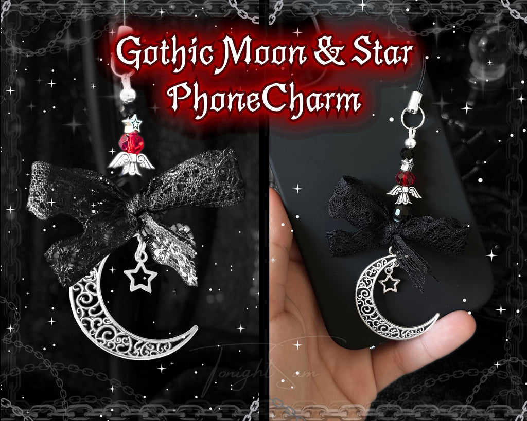 Gothic Red Moon & Star Phone Charm