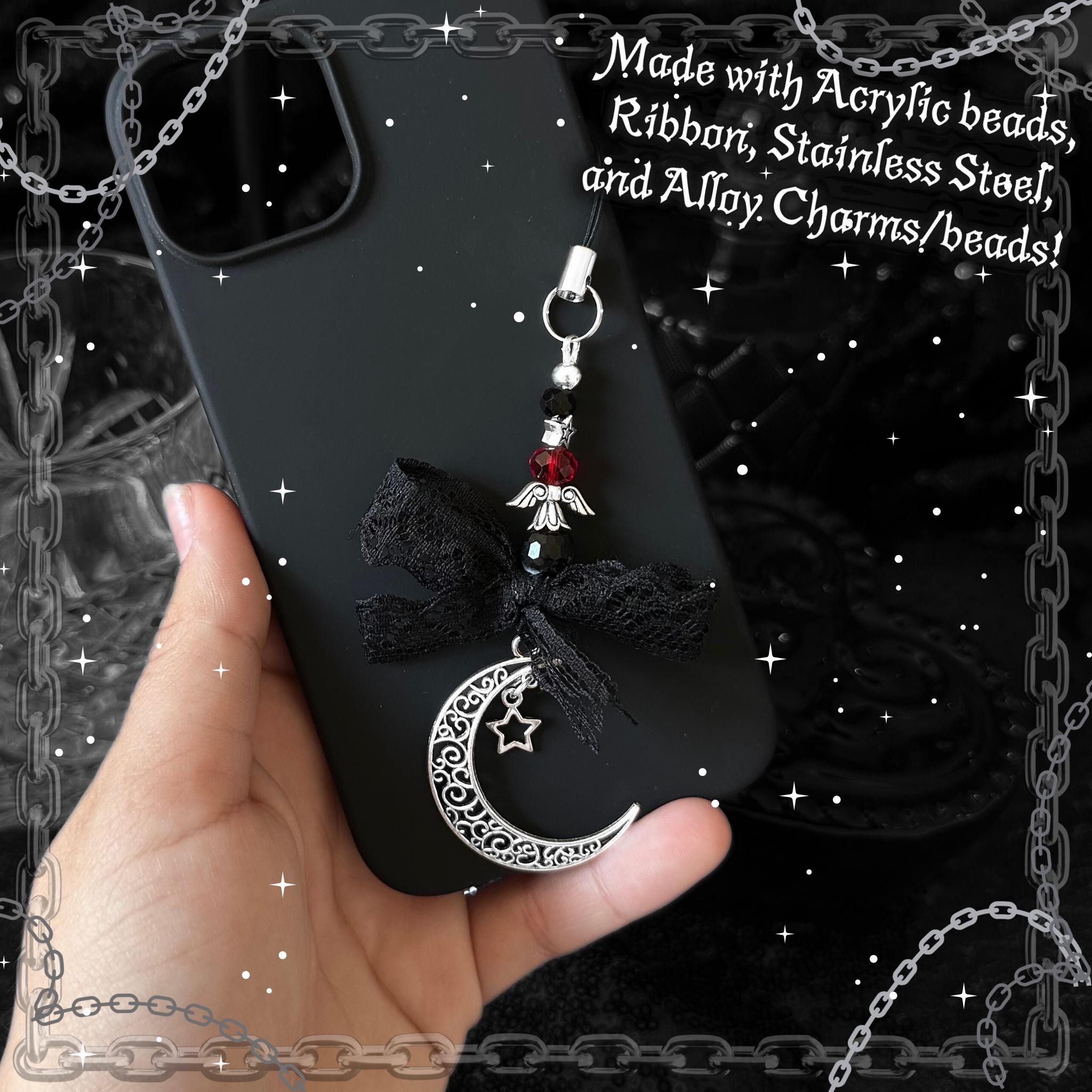 Gothic Red Moon & Star Phone Charm