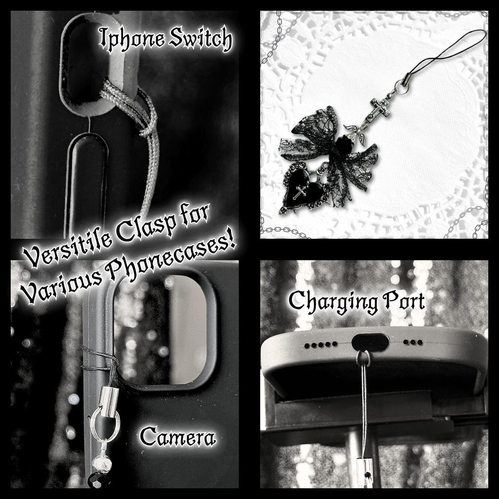 Gothic Vampire Phone Charm: Black Beaded Phone Strap, Spooky Alt Accessory