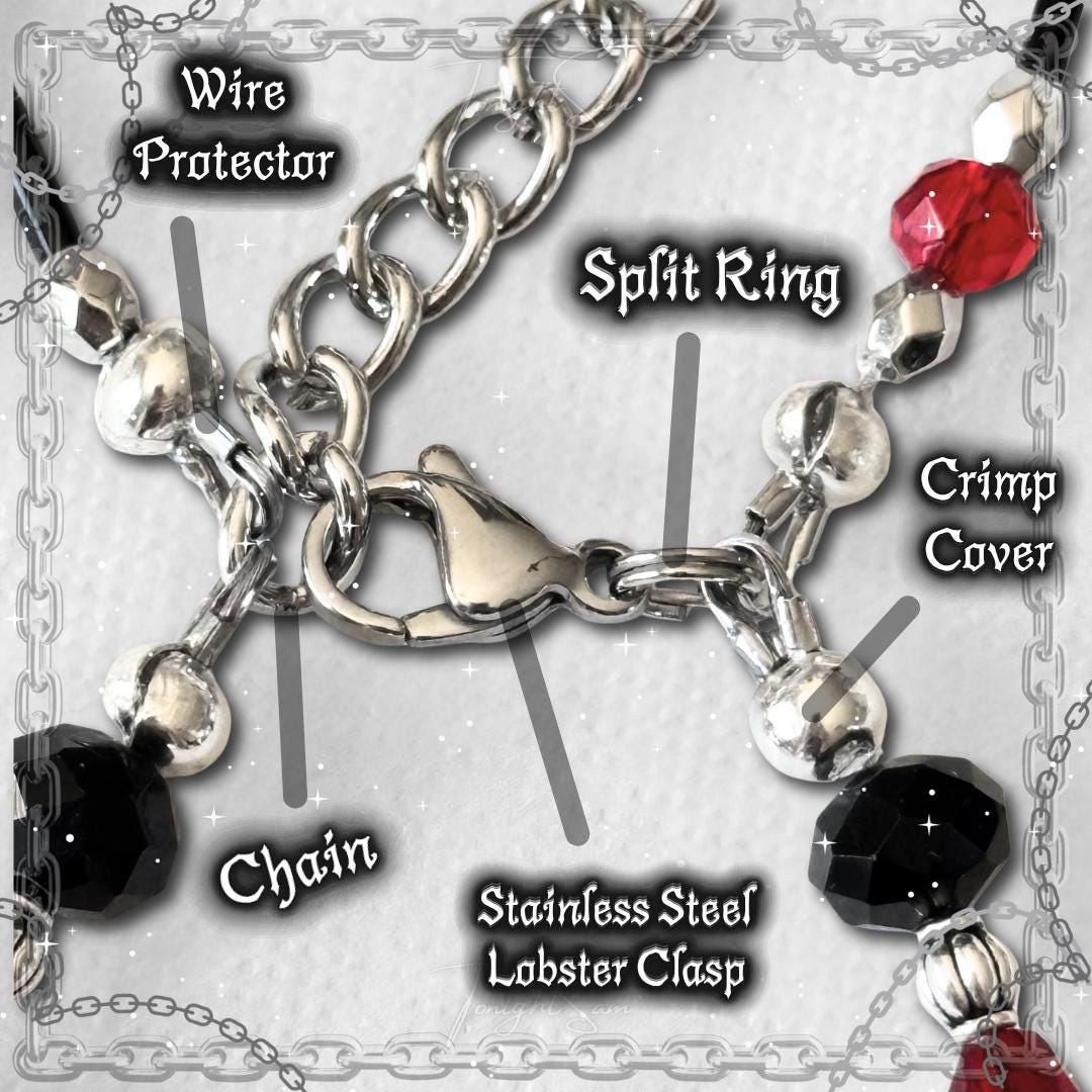 Gothic Beaded Bracelet, Red Black Cross Charm, Vampire Jewelry