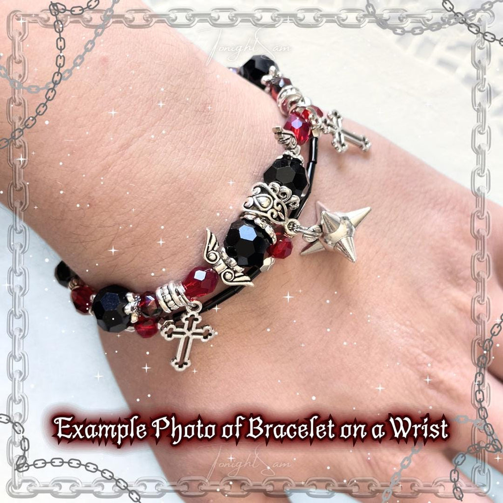 Gothic Beaded Bracelet, Red Black Cross Charm, Vampire Jewelry