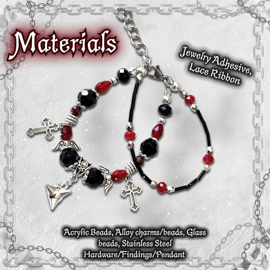 Gothic Beaded Bracelet, Red Black Cross Charm, Vampire Jewelry