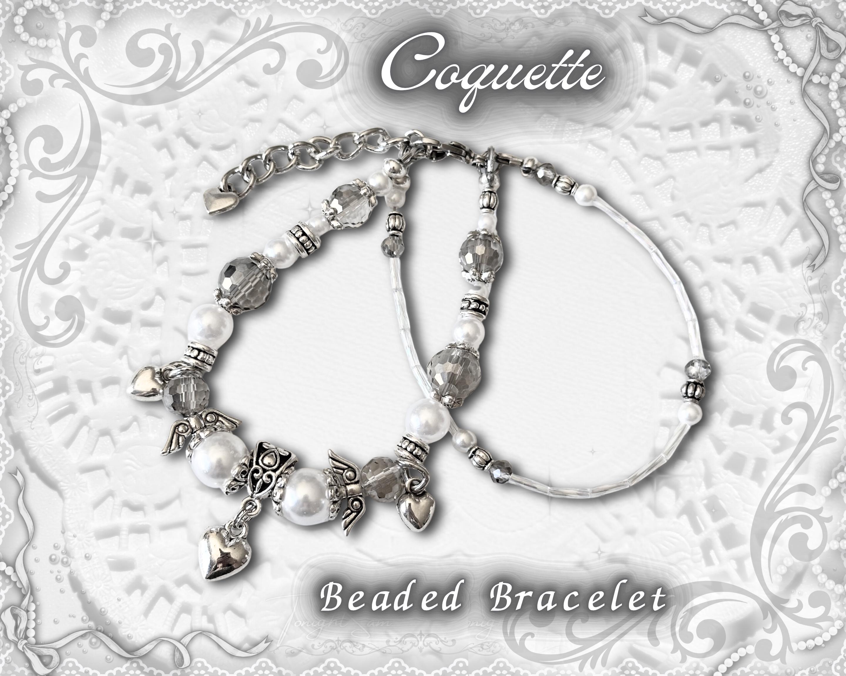 Coquette Beaded Bracelet, Pearl & Silver Heart Charms, Lolita Jewelry