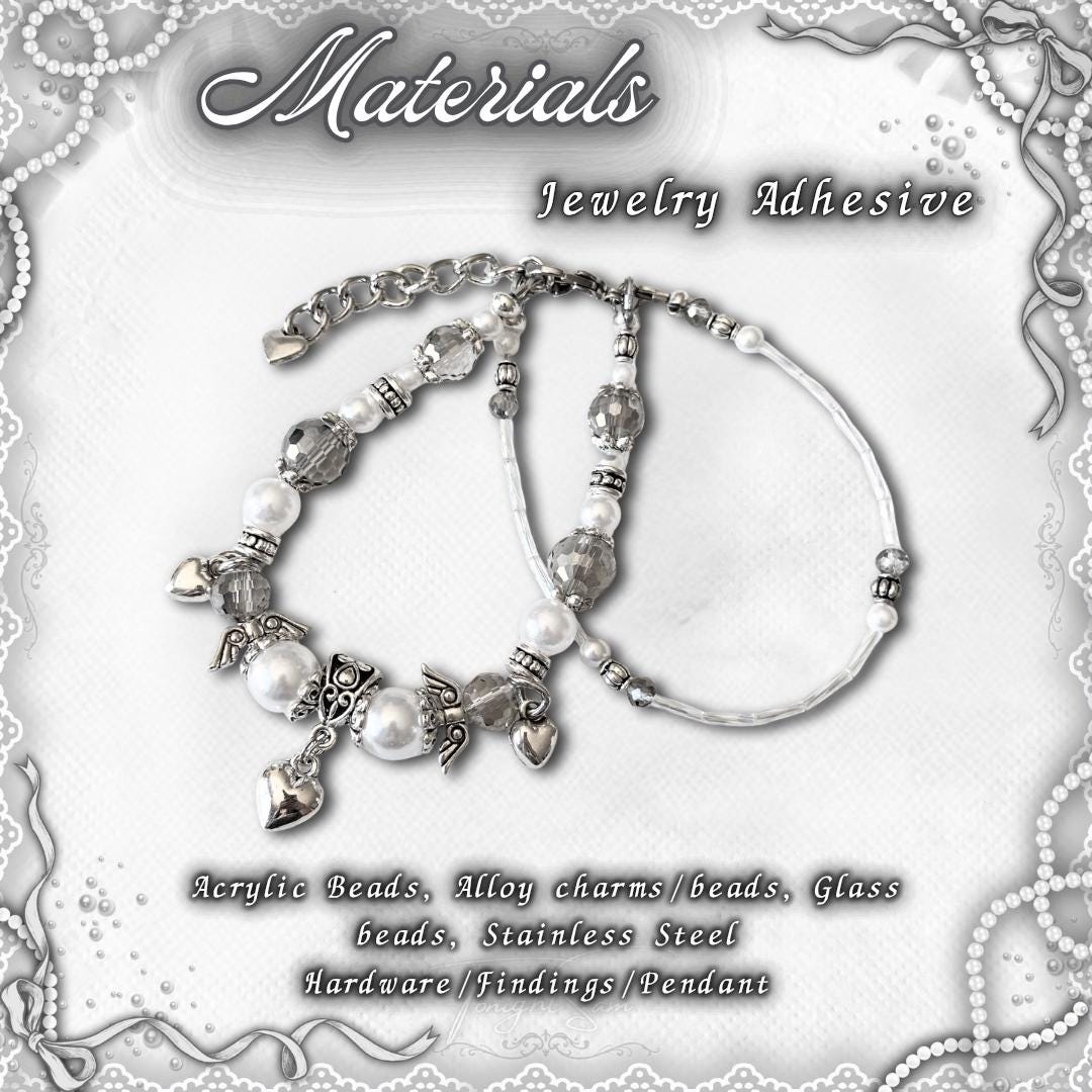 Coquette Beaded Bracelet, Pearl & Silver Heart Charms, Lolita Jewelry