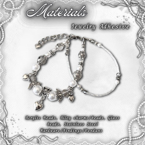 Coquette Beaded Bracelet, Pearl & Silver Heart Charms, Lolita Jewelry