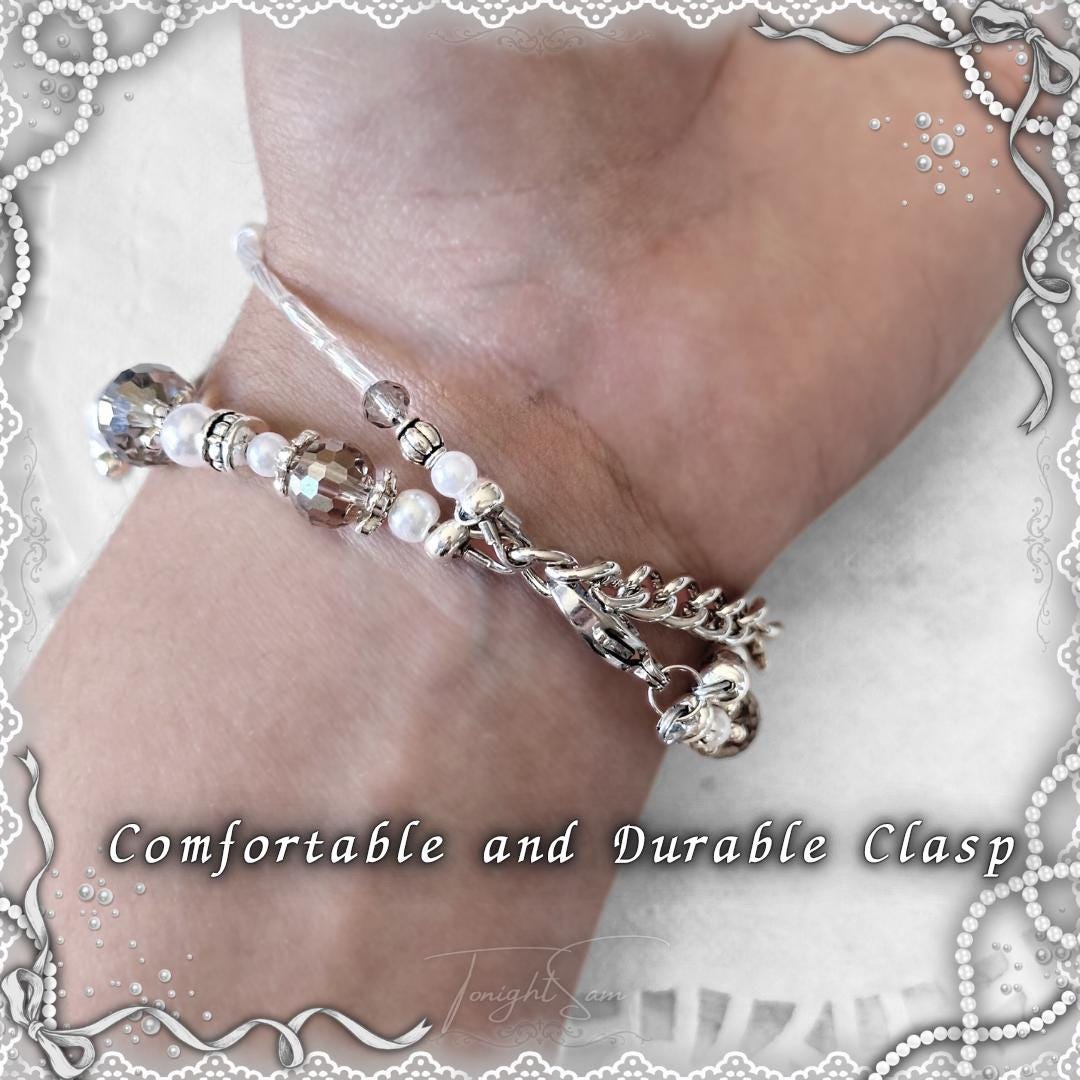 Coquette Beaded Bracelet, Pearl & Silver Heart Charms, Lolita Jewelry