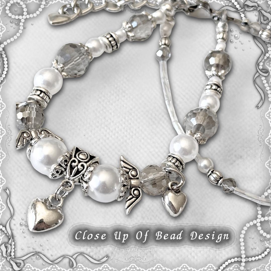 Coquette Beaded Bracelet, Pearl & Silver Heart Charms, Lolita Jewelry