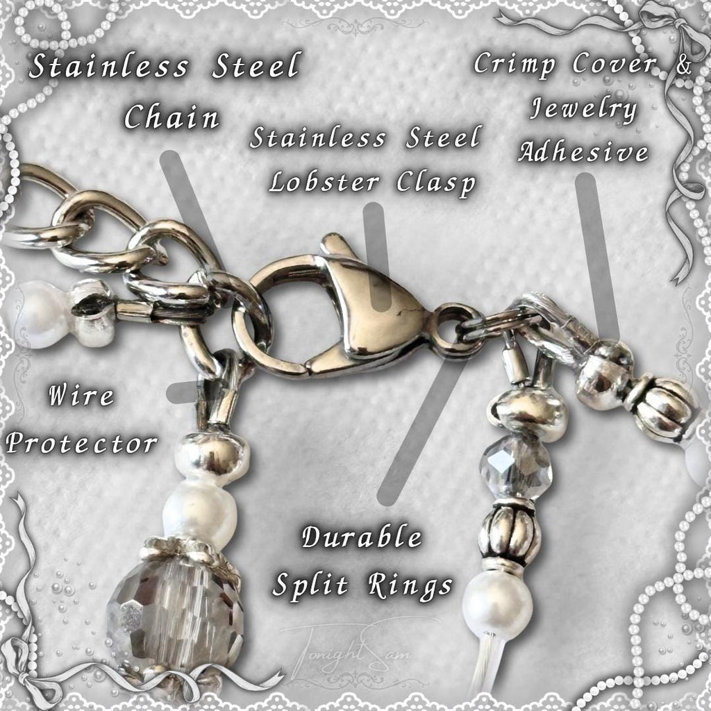 Coquette Beaded Bracelet, Pearl & Silver Heart Charms, Lolita Jewelry