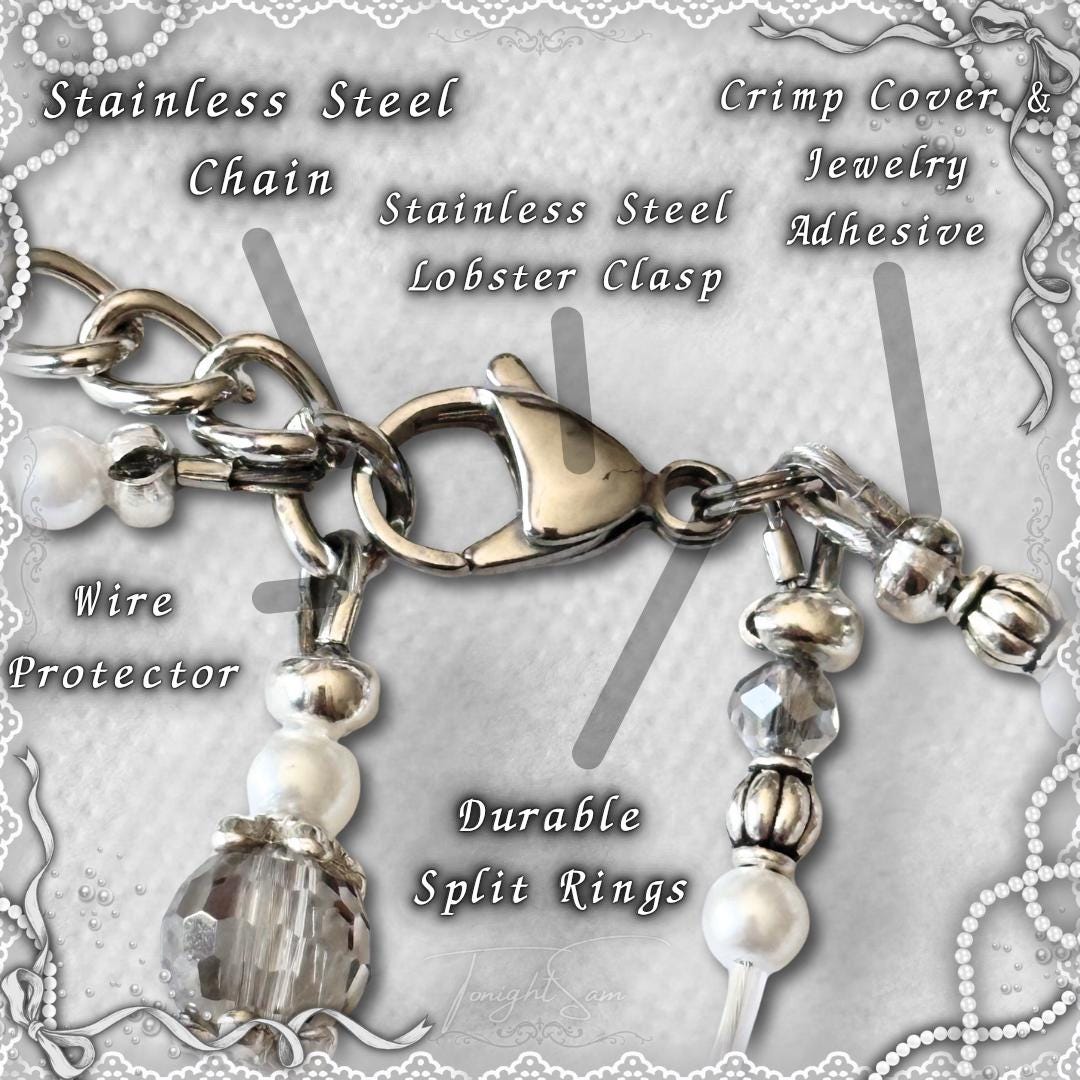 Coquette Beaded Bracelet, Pearl & Silver Heart Charms, Lolita Jewelry