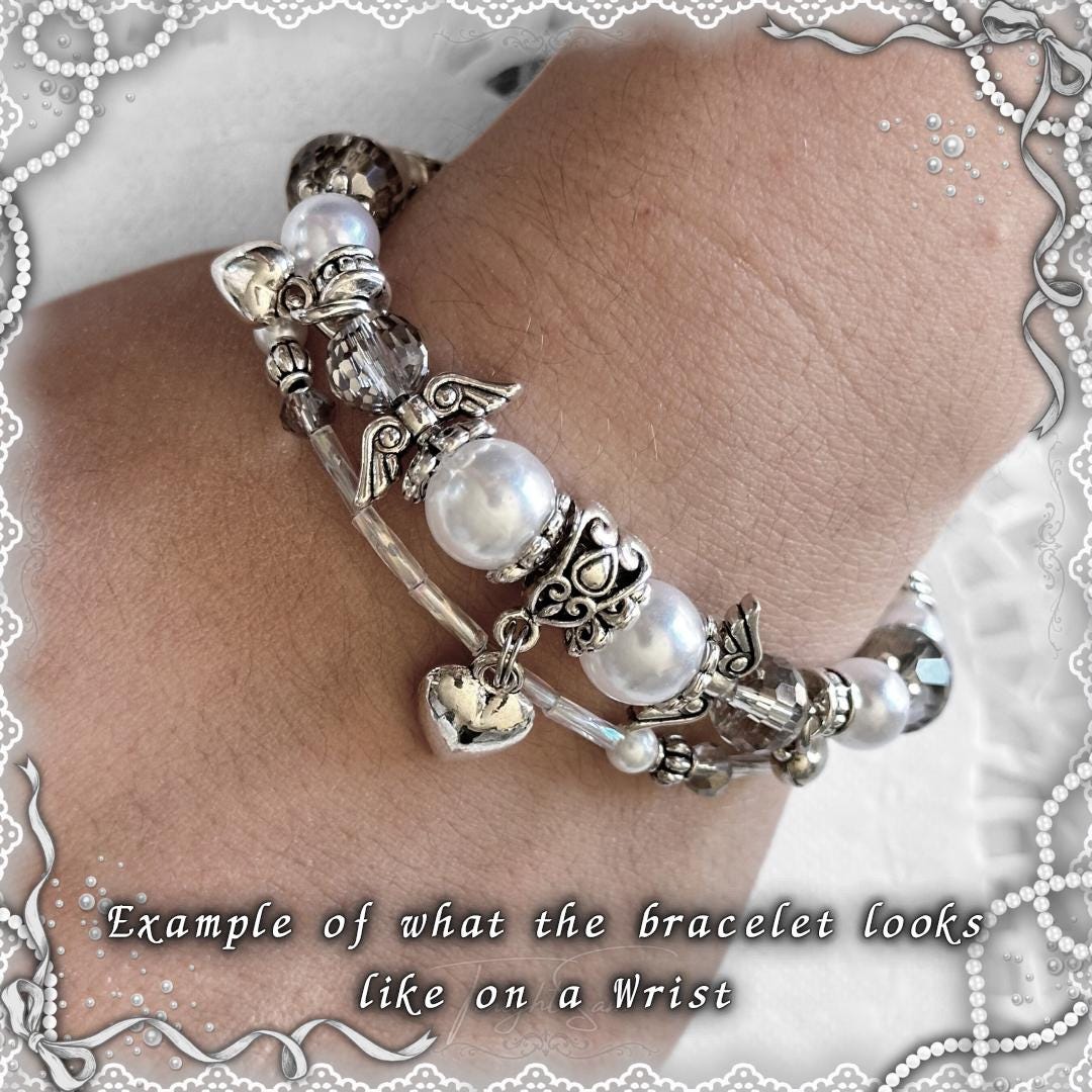 Coquette Beaded Bracelet, Pearl & Silver Heart Charms, Lolita Jewelry