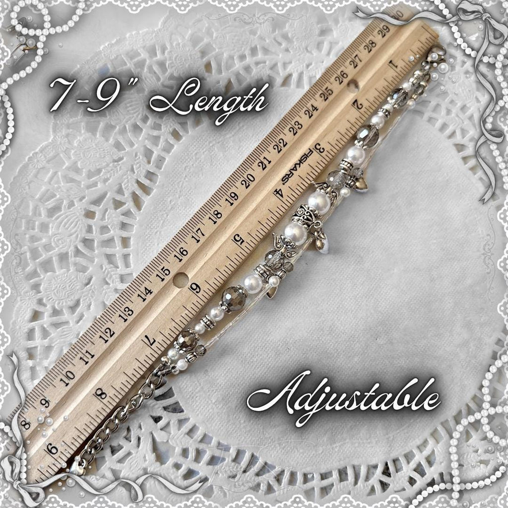 Coquette Beaded Bracelet, Pearl & Silver Heart Charms, Lolita Jewelry