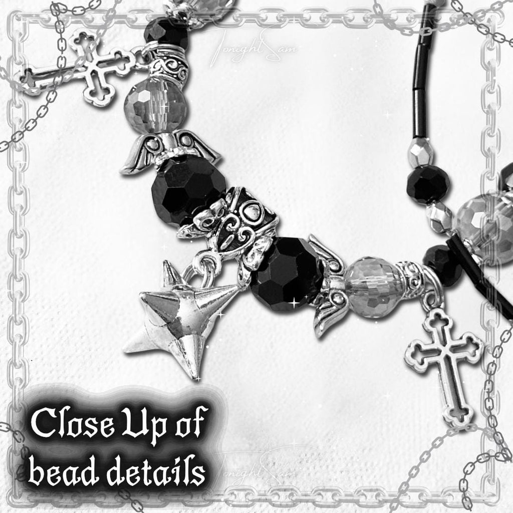 Gothic Beaded Bracelet, Cross Charm, Angel Wing, Y2K Punk Jewelry