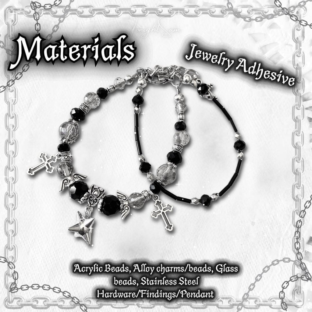 Gothic Beaded Bracelet, Cross Charm, Angel Wing, Y2K Punk Jewelry
