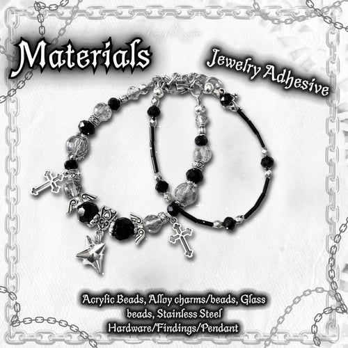 Gothic Beaded Bracelet, Cross Charm, Angel Wing, Y2K Punk Jewelry