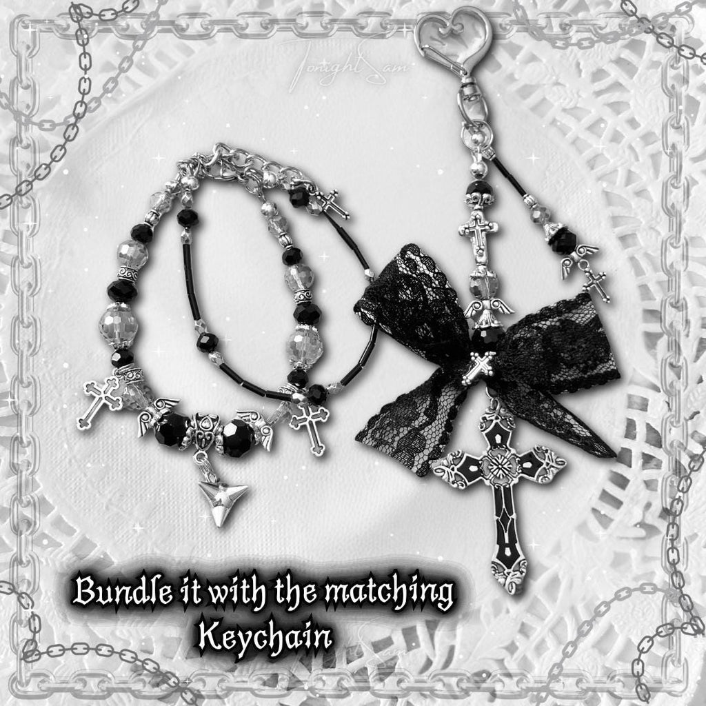 Gothic Beaded Bracelet, Cross Charm, Angel Wing, Y2K Punk Jewelry