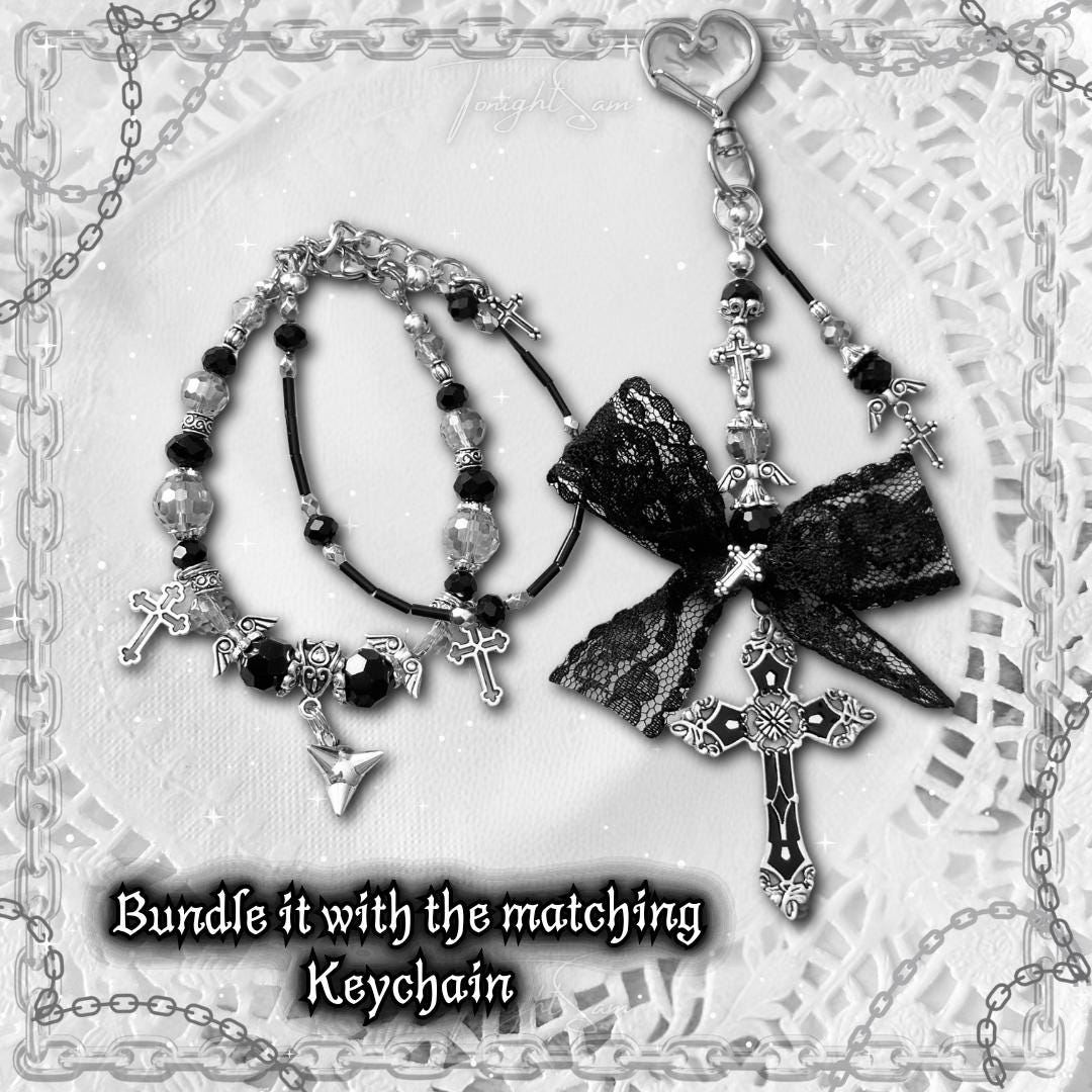Gothic Beaded Bracelet, Cross Charm, Angel Wing, Y2K Punk Jewelry