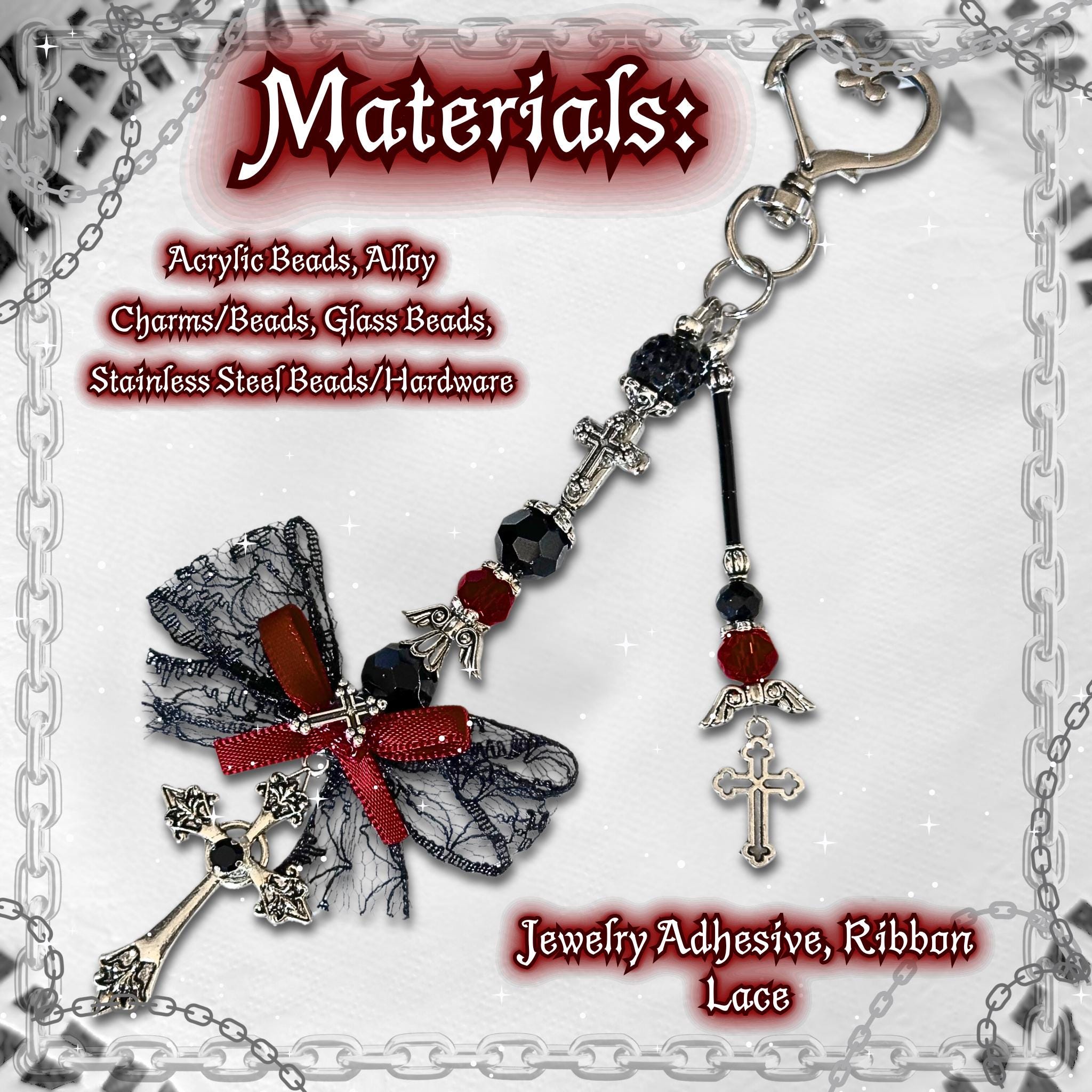 Gothic Cross Purse Charm – Red & Black Beaded Lace Bow, Alt Fashion