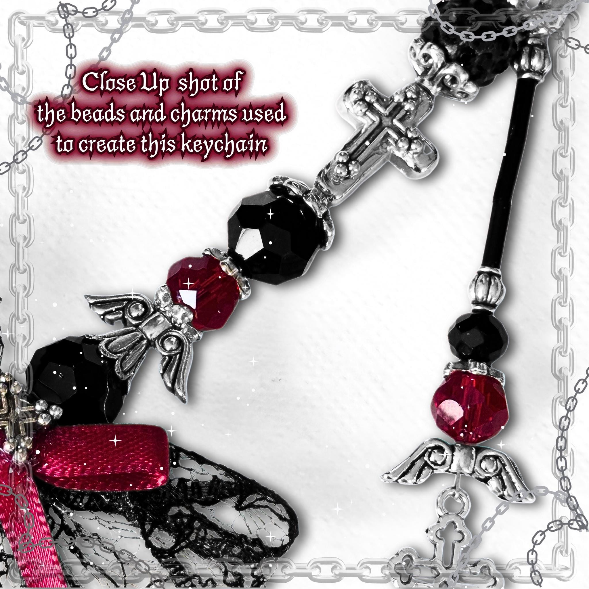 Gothic Cross Purse Charm – Red & Black Beaded Lace Bow, Alt Fashion